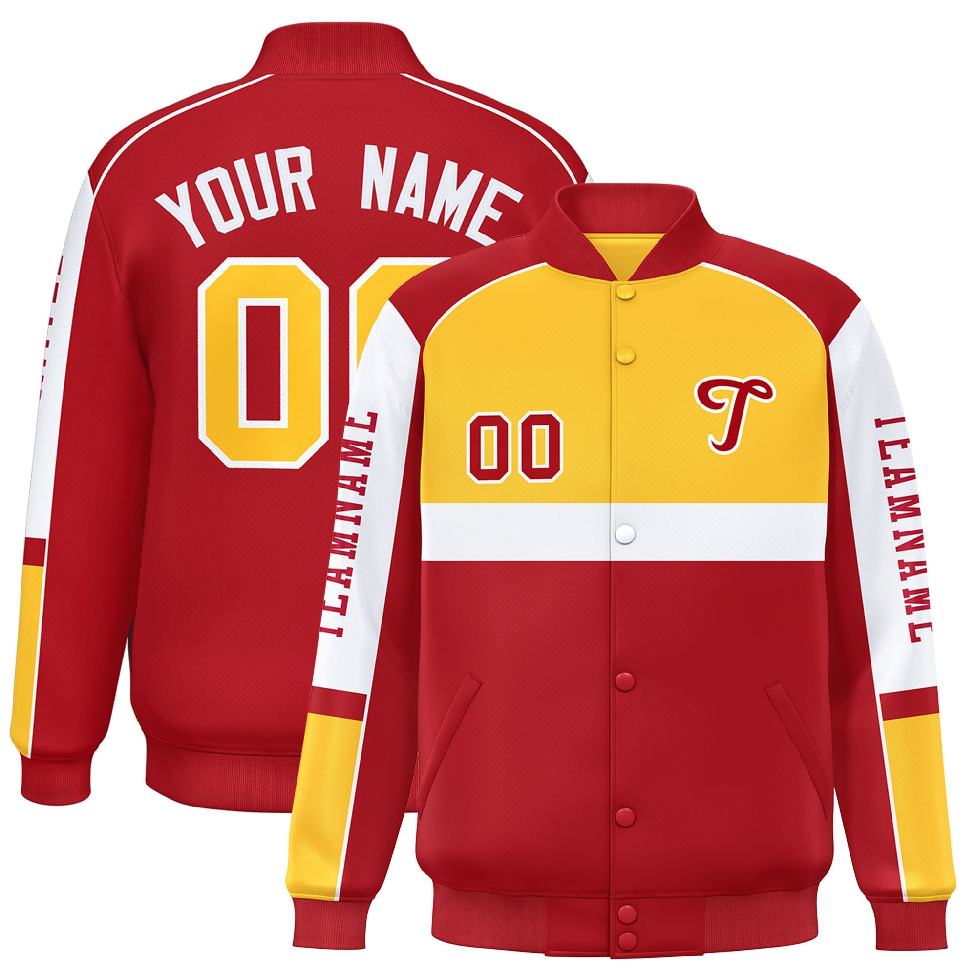 Custom Yellow Red Varsity Full-Snap Raglan Sleeves Letterman Jacket