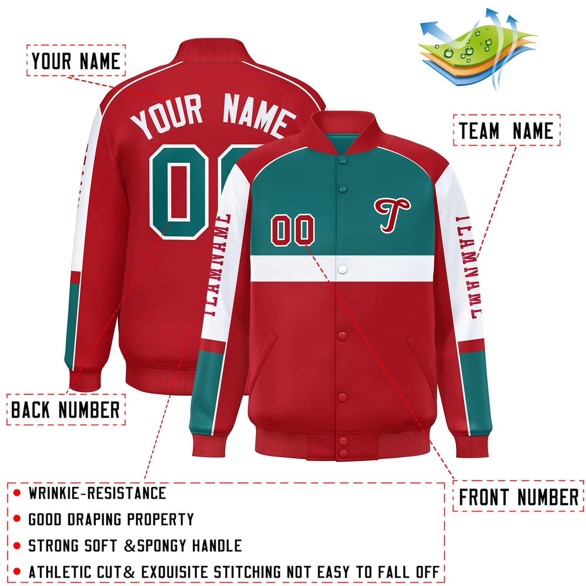 Custom Aqua Red Varsity Full-Snap Raglan Sleeves Letterman Jacket