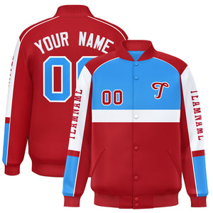 Custom Powder Blue Red Varsity Full-Snap Raglan Sleeves Letterman Jacket