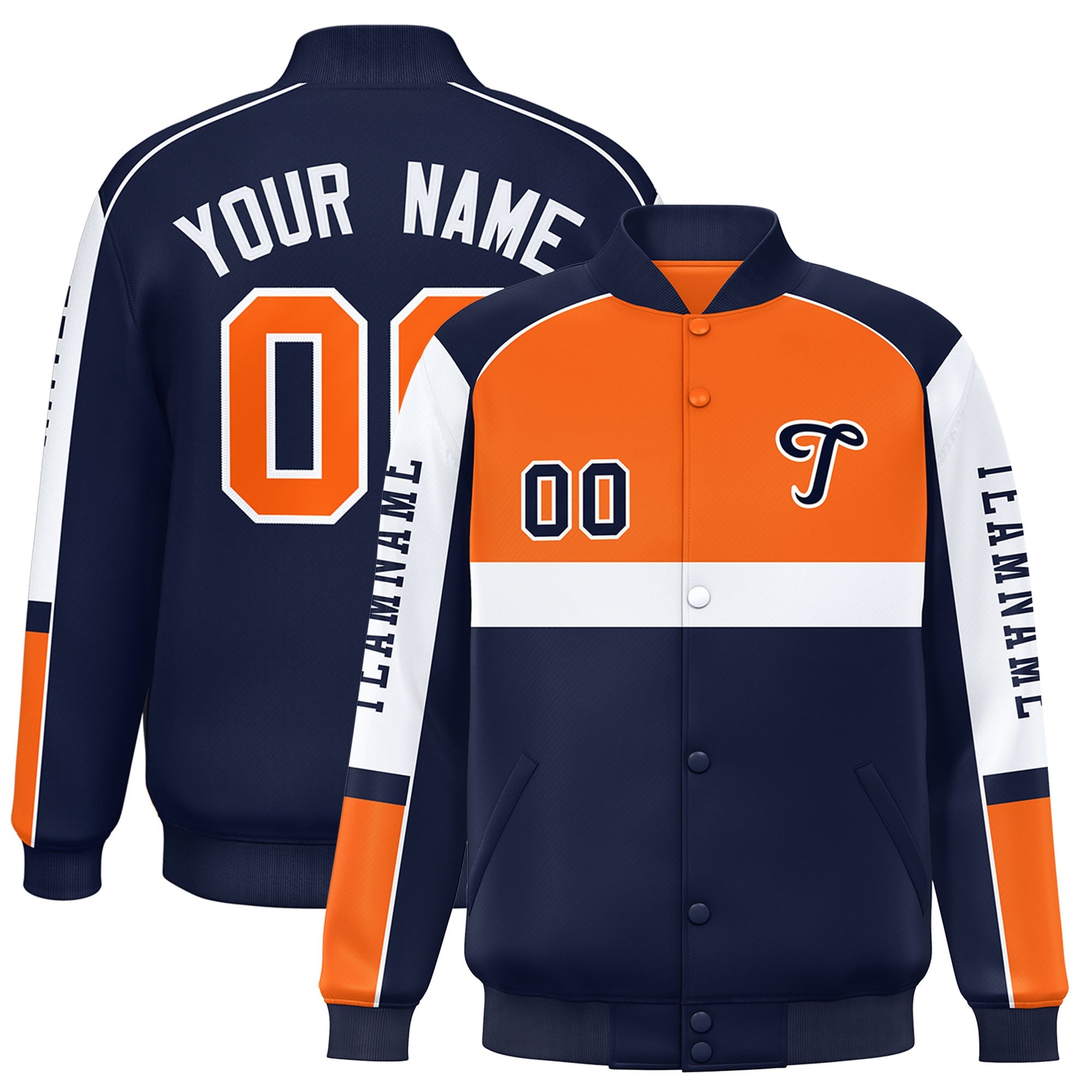 Custom Orange Navy Varsity Full-Snap Raglan Sleeves Letterman Jacket