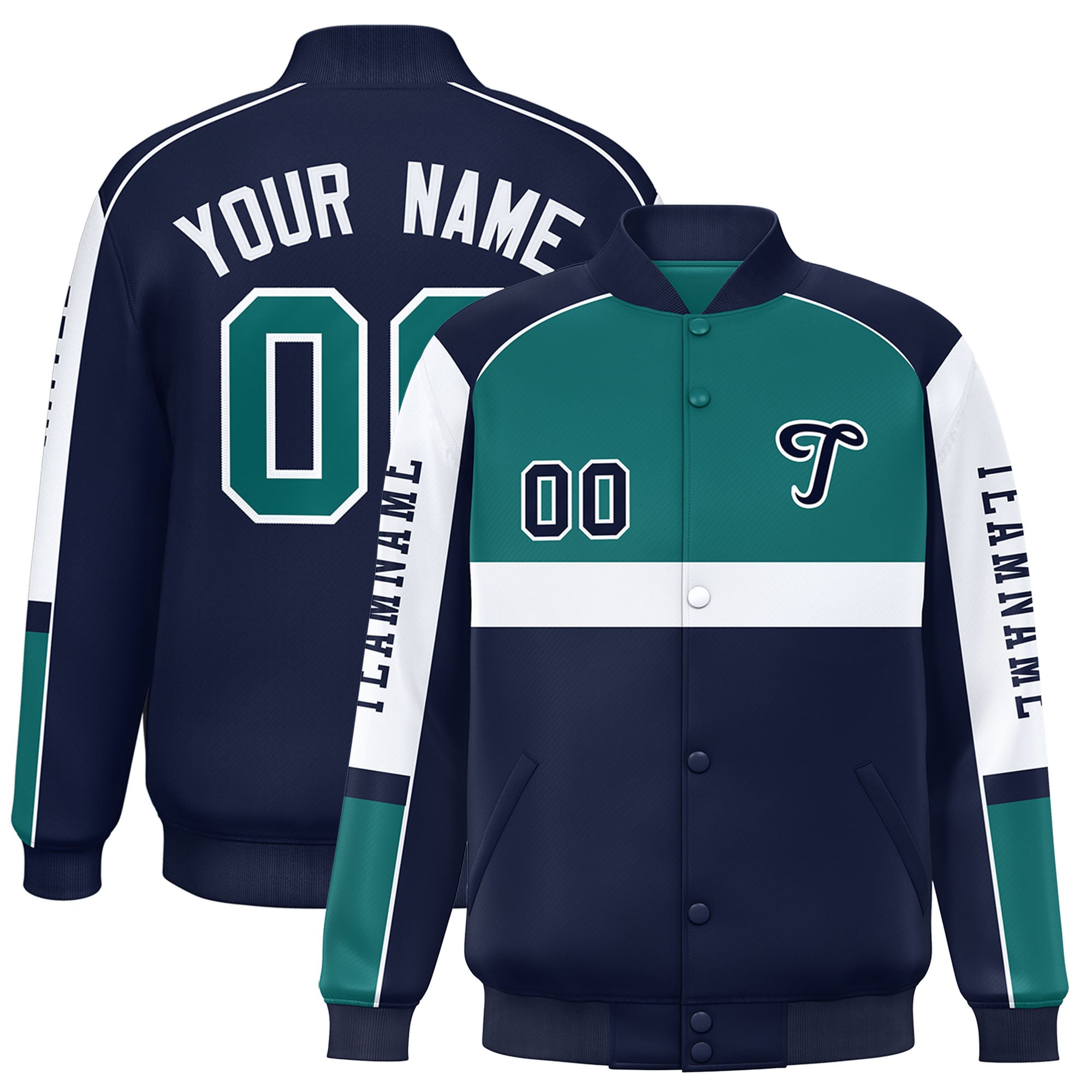 Custom Aqua Navy Varsity Full-Snap Raglan Sleeves Letterman Jacket