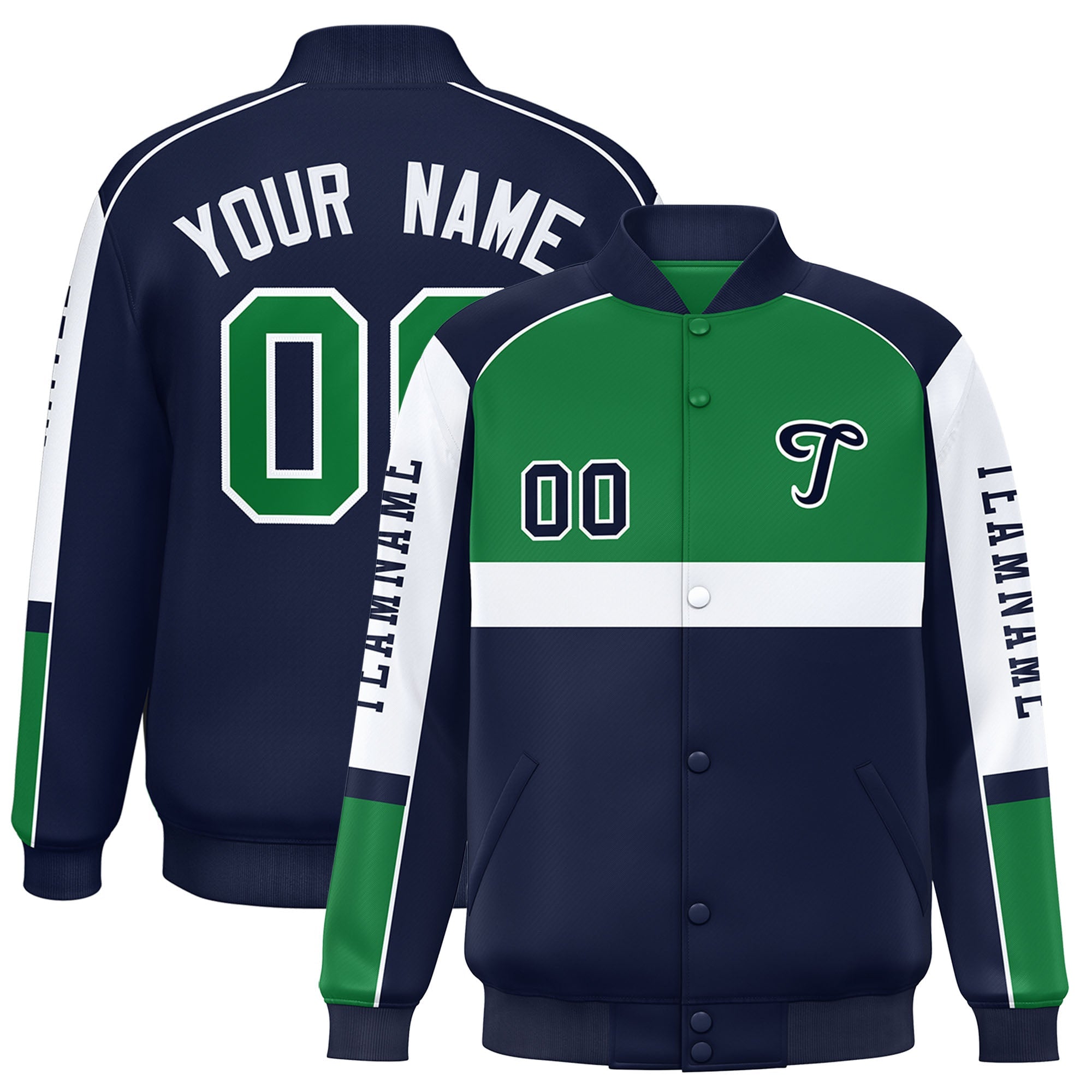 Custom Kelly Green Navy Varsity Full-Snap Raglan Sleeves Letterman Jacket