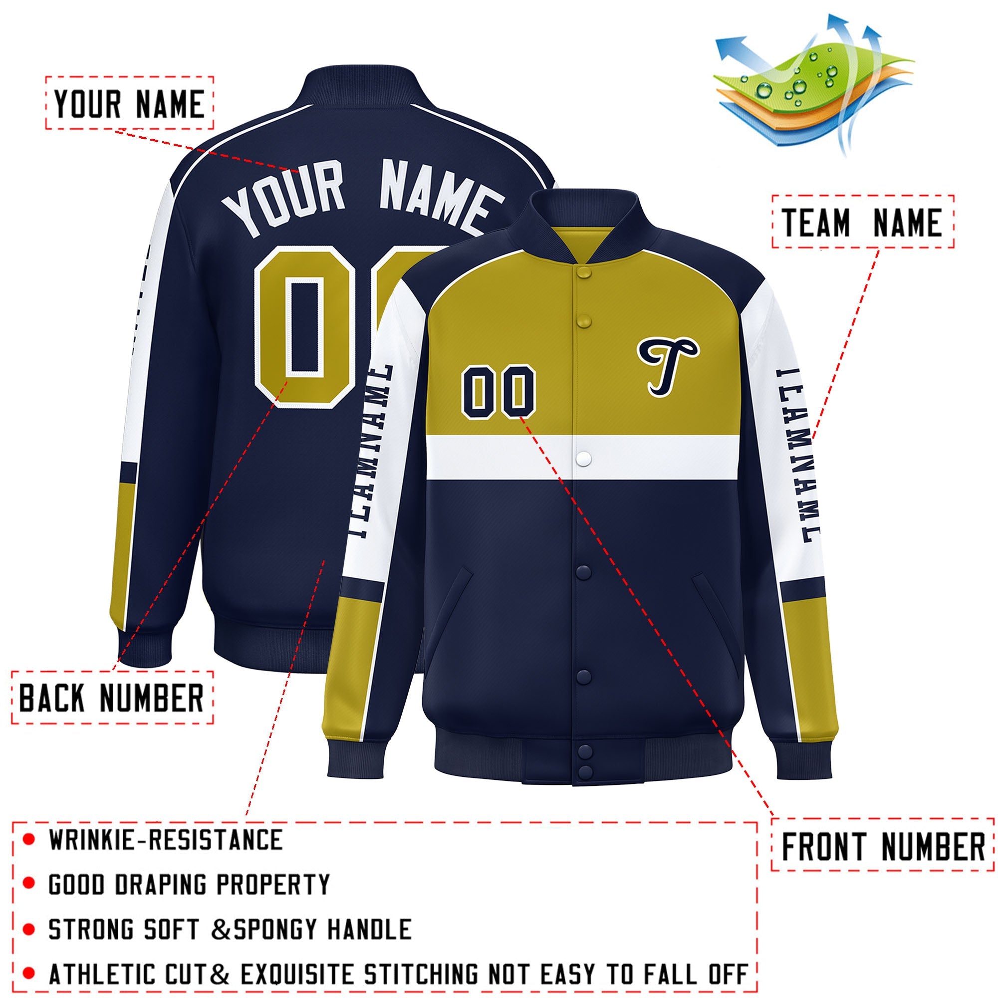 Custom Old Gold Navy Varsity Full-Snap Raglan Sleeves Letterman Jacket