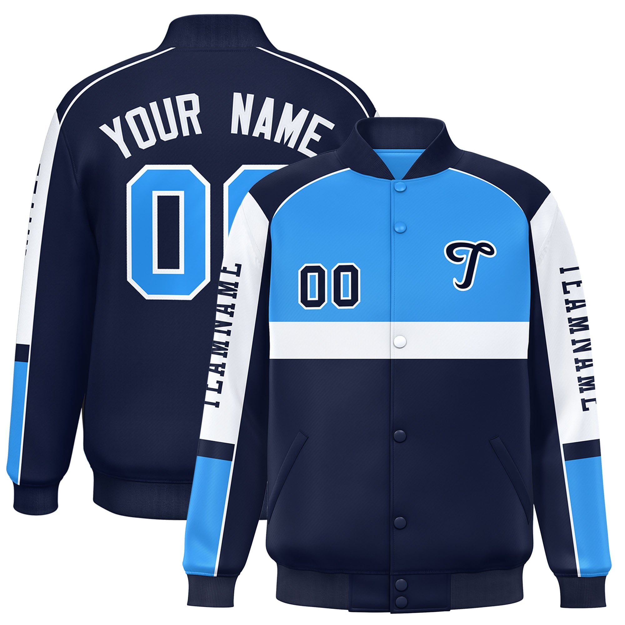 Custom Powder Blue Navy Varsity Full-Snap Raglan Sleeves Letterman Jacket