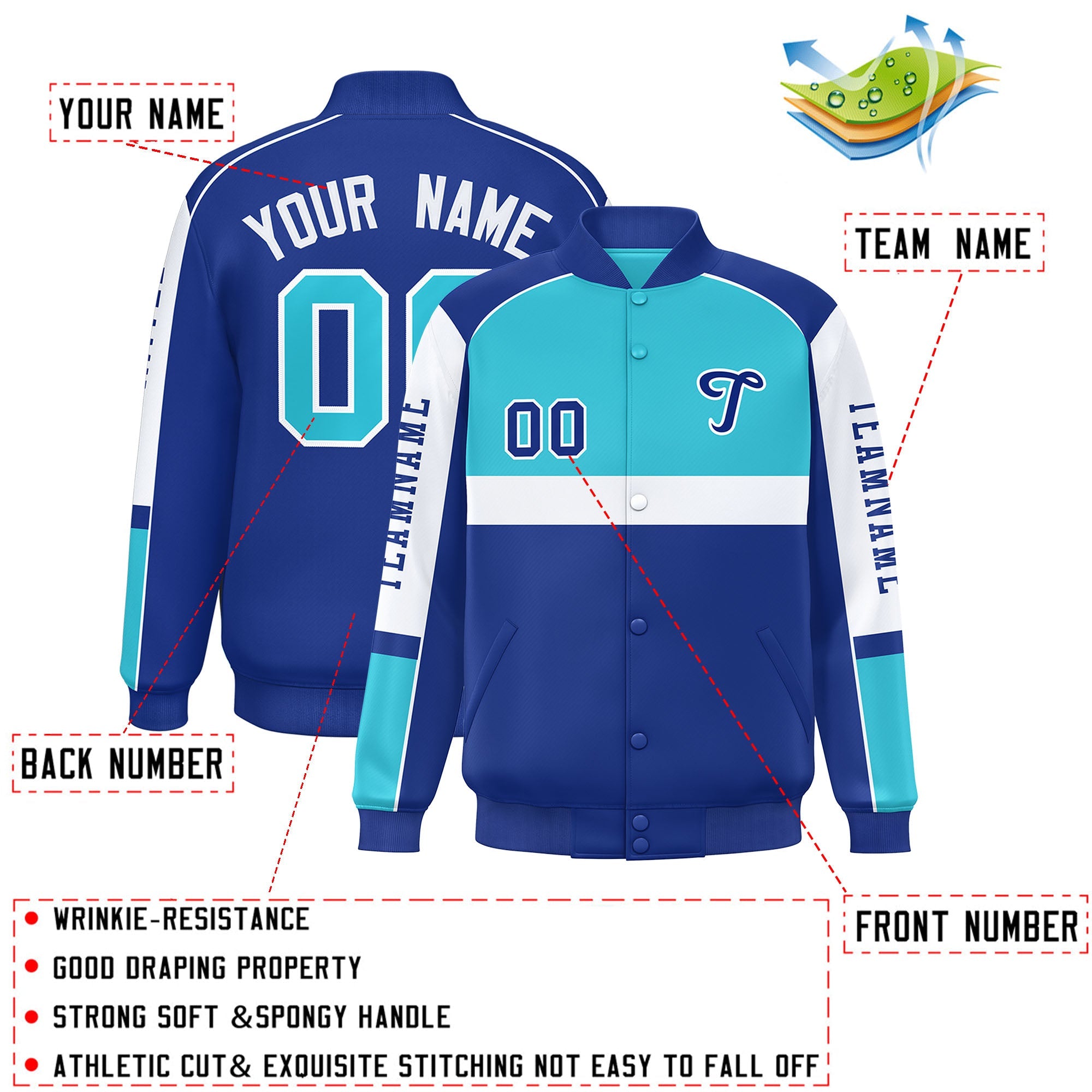 Custom Sky Blue Royal Varsity Full-Snap Raglan Sleeves Letterman Jacket