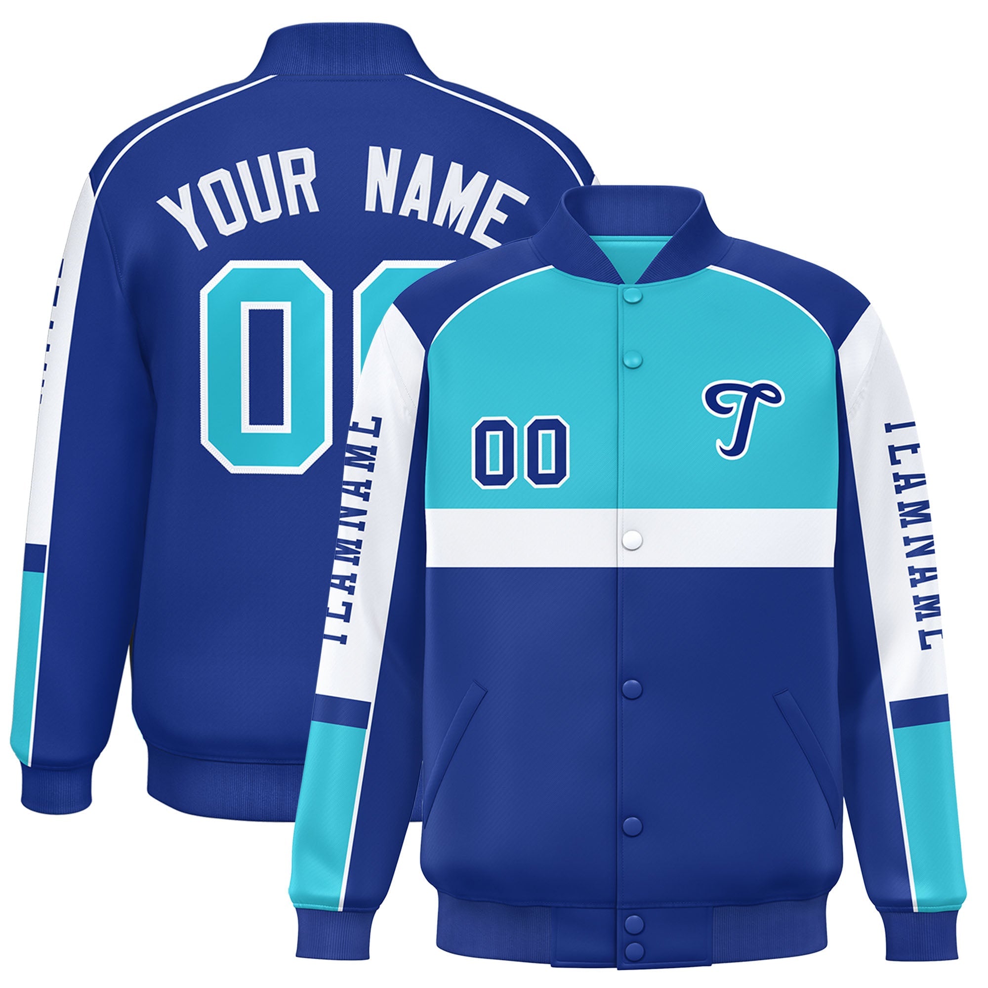 Custom Sky Blue Royal Varsity Full-Snap Raglan Sleeves Letterman Jacket