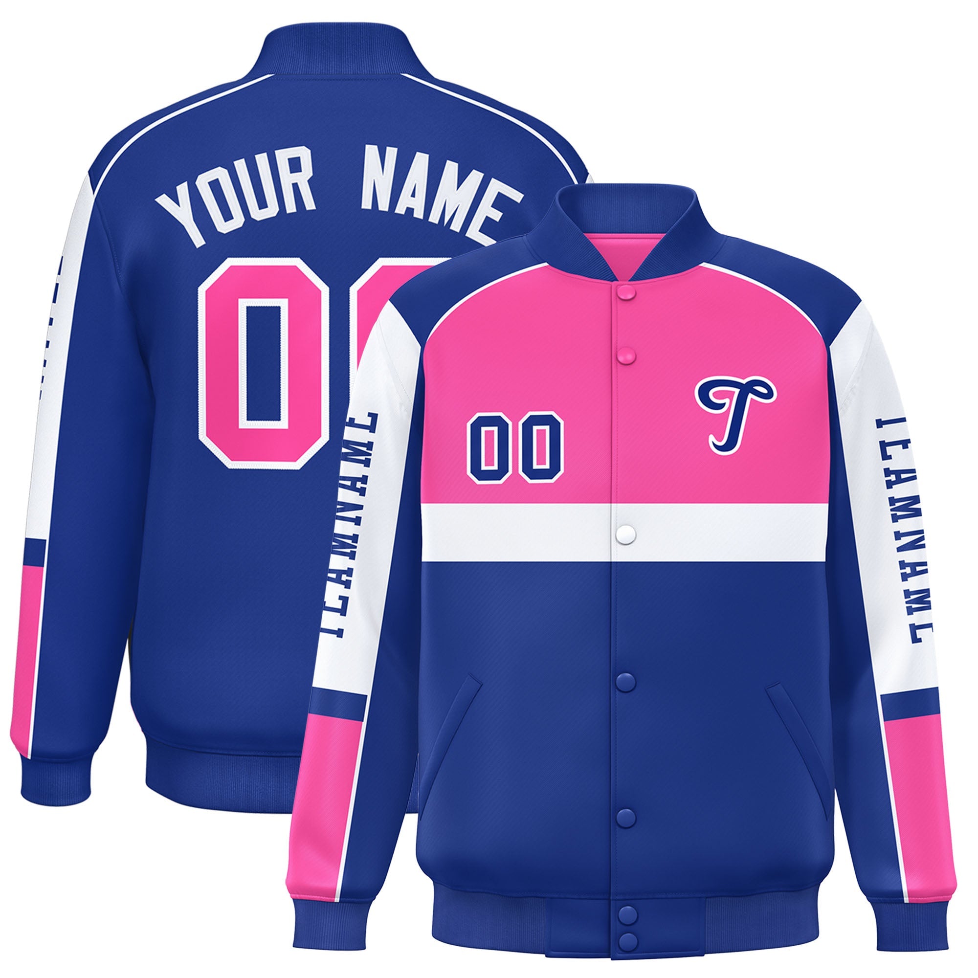 Custom Pink Royal Varsity Full-Snap Raglan Sleeves Letterman Jacket