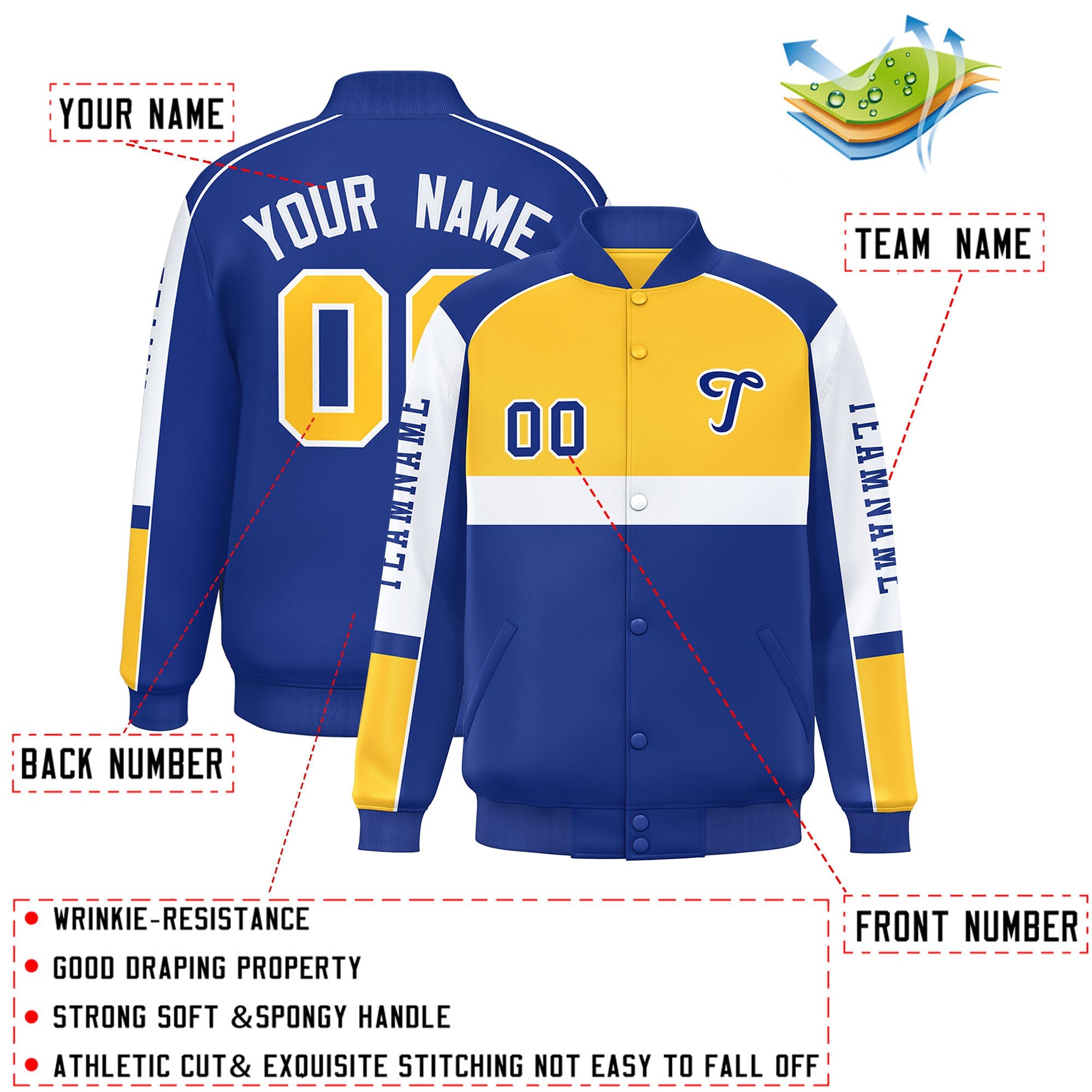 Custom Yellow Royal Varsity Full-Snap Raglan Sleeves Letterman Jacket