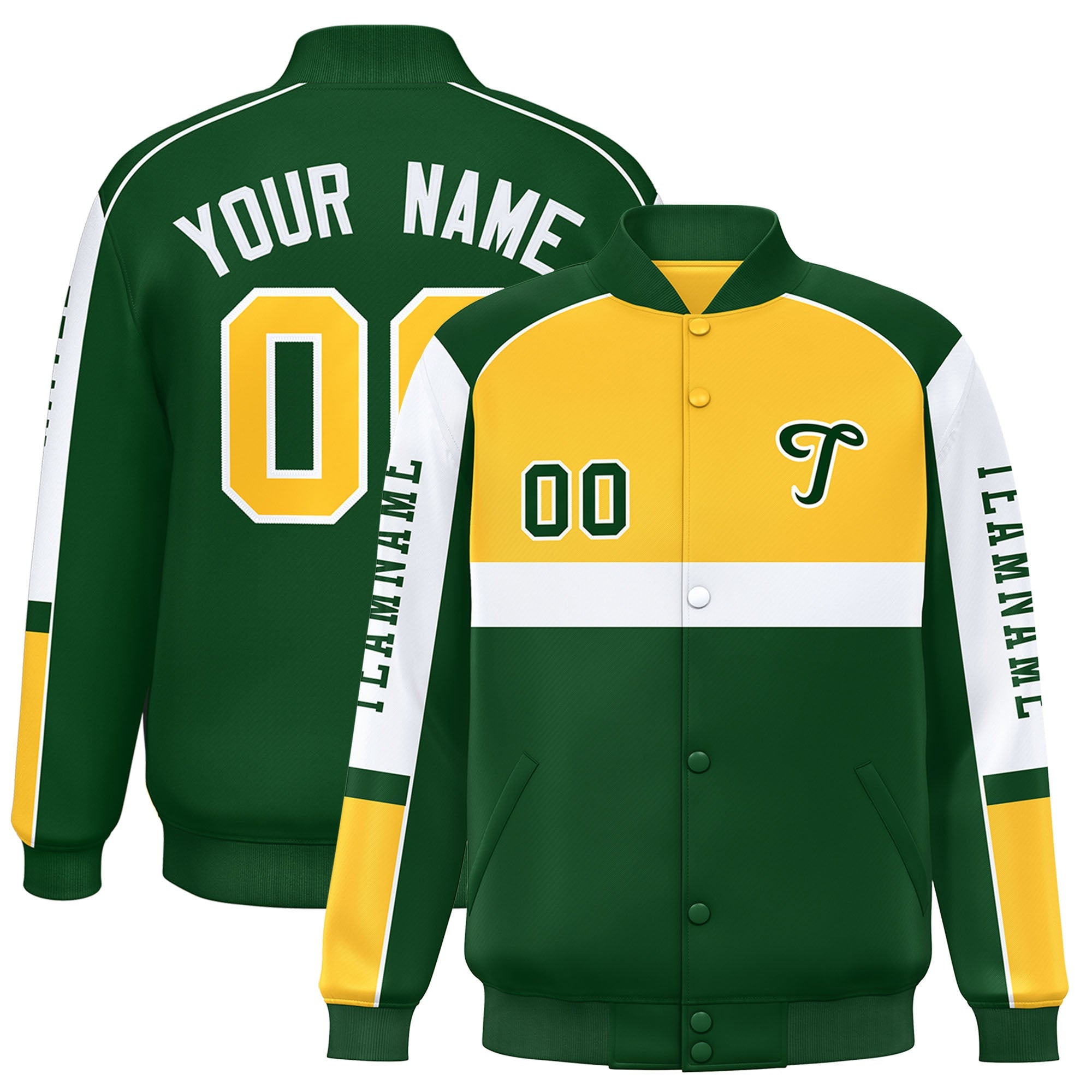 Custom Yellow Green Varsity Full-Snap Raglan Sleeves Letterman Jacket