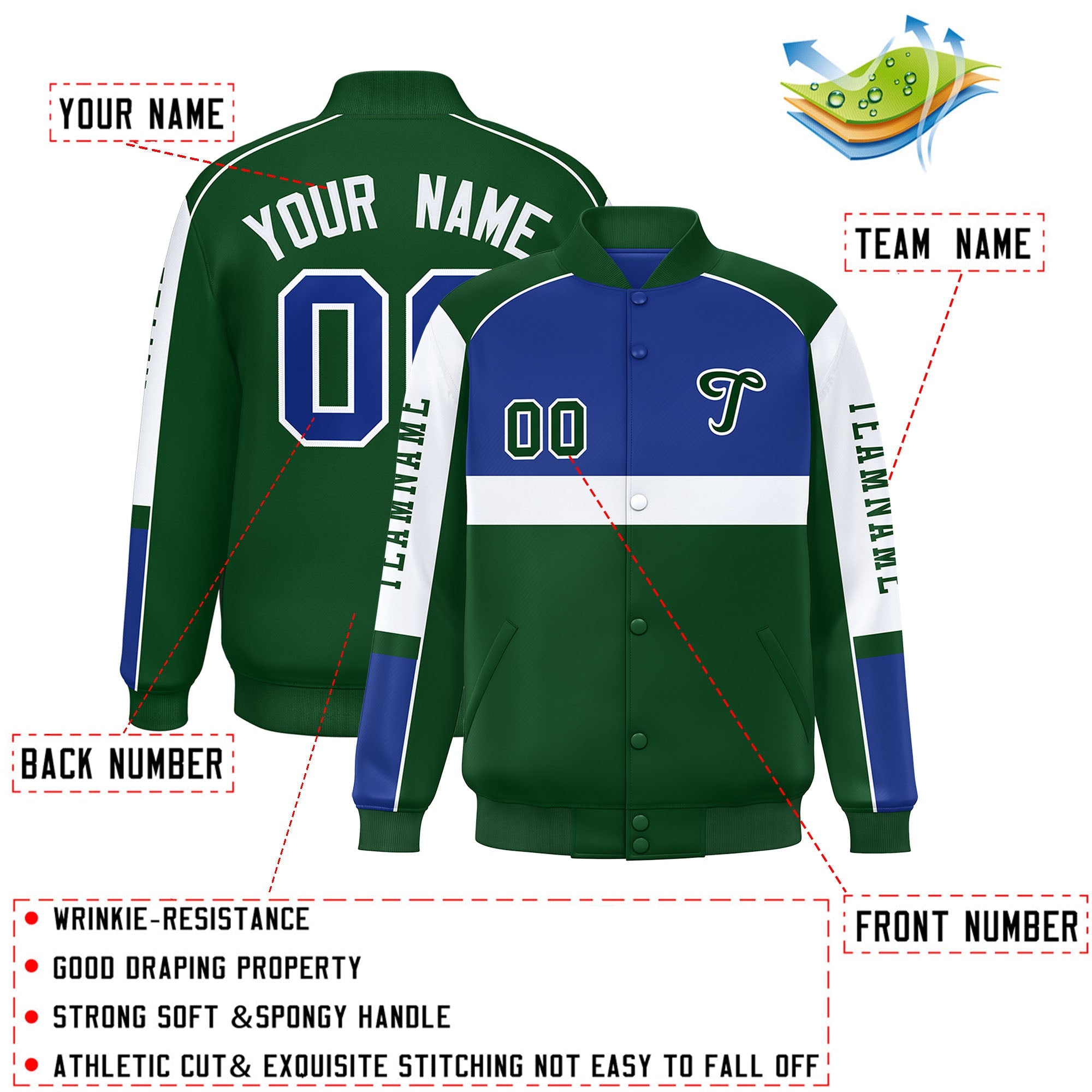 Custom Royal Green Varsity Full-Snap Raglan Sleeves Letterman Jacket