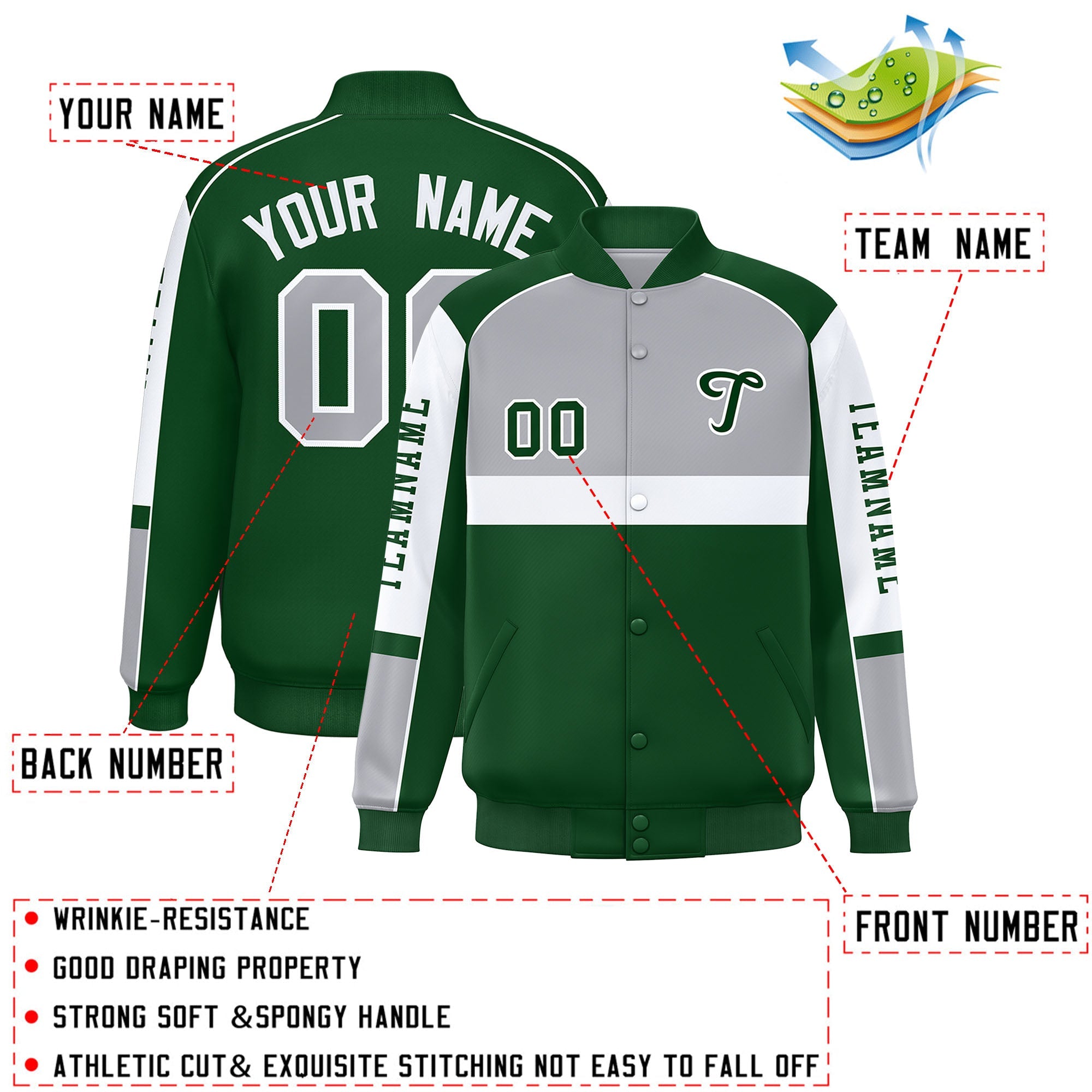 Custom Gray Green Varsity Full-Snap Raglan Sleeves Letterman Jacket