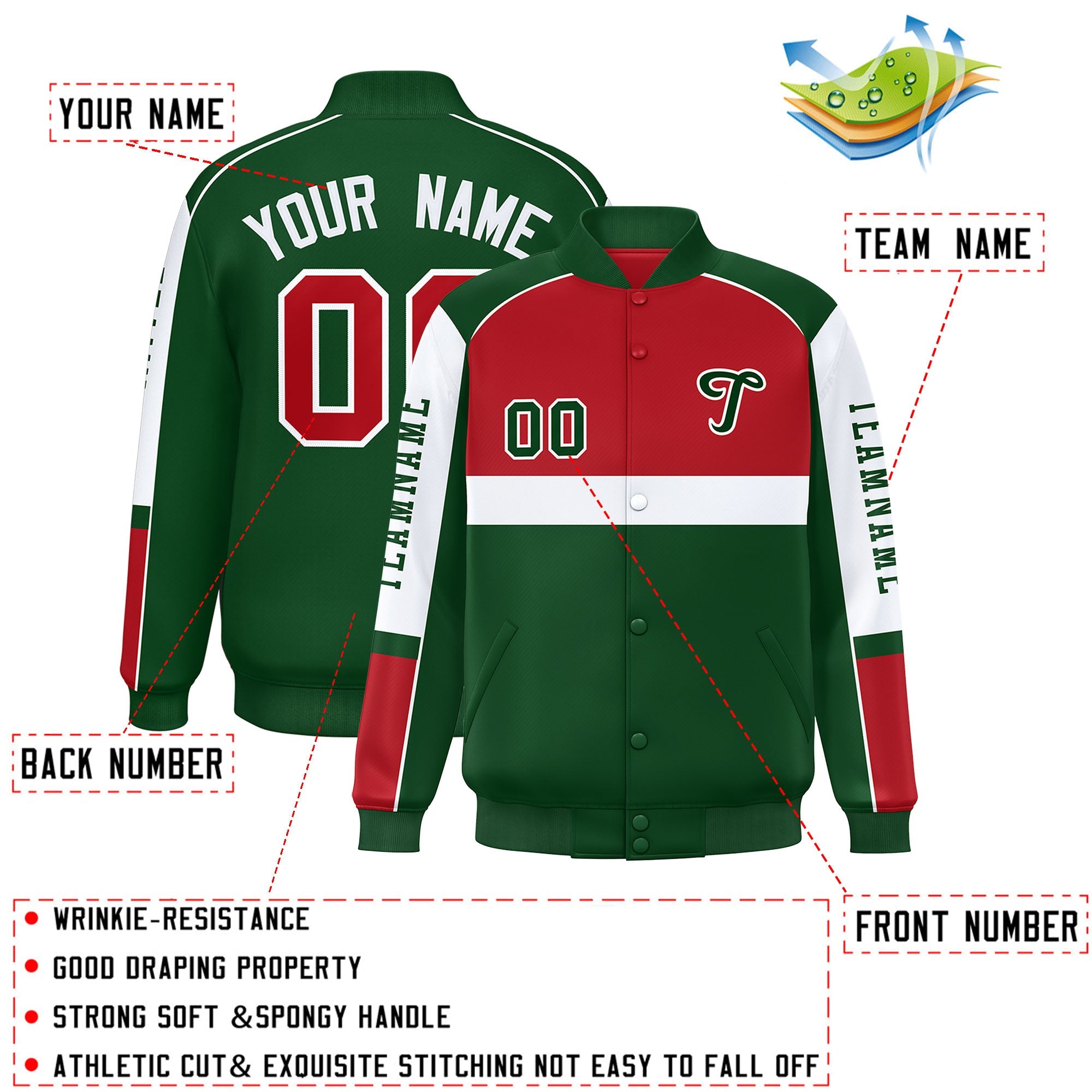 Custom Red Green Varsity Full-Snap Raglan Sleeves Letterman Jacket