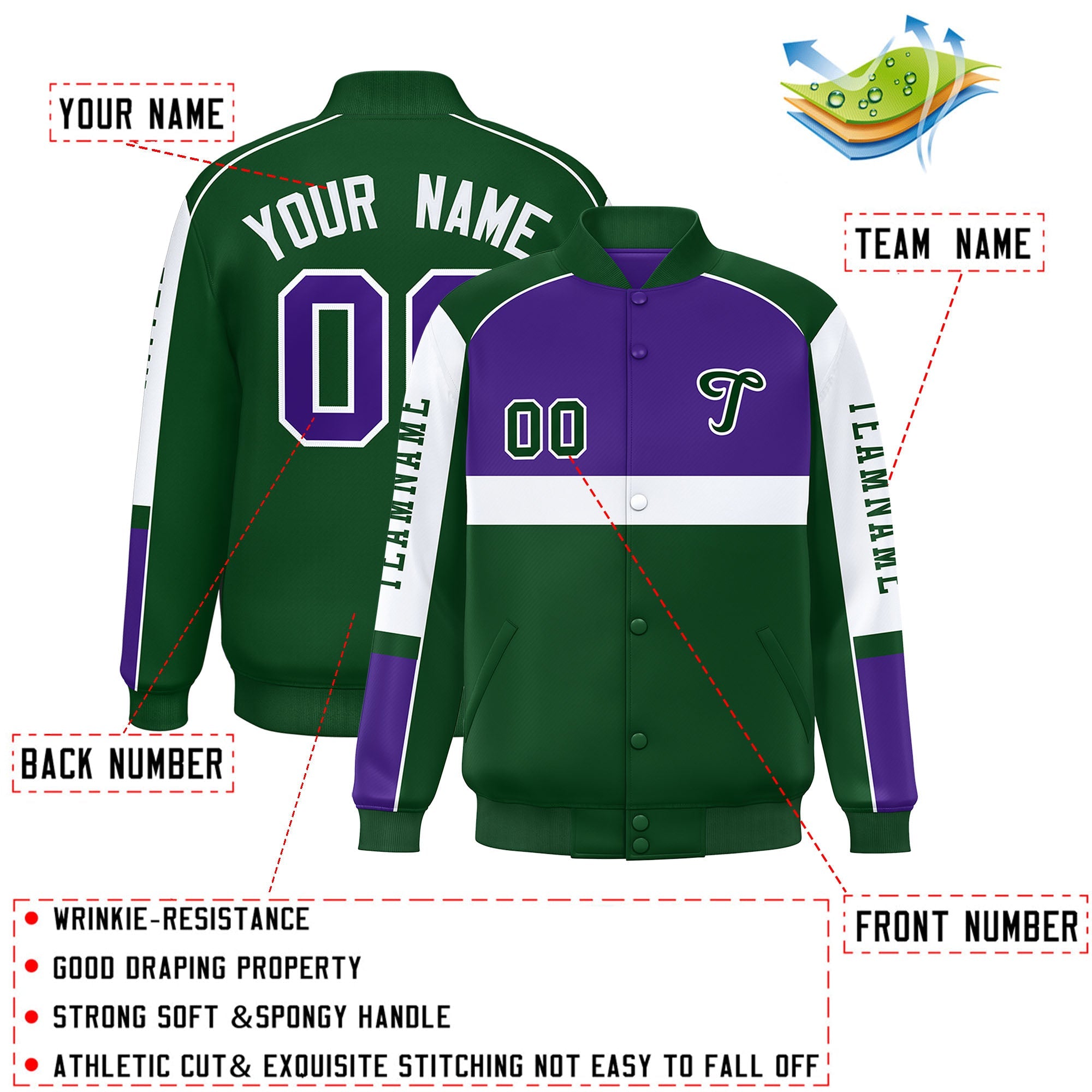 Custom Purple Green Varsity Full-Snap Raglan Sleeves Letterman Jacket