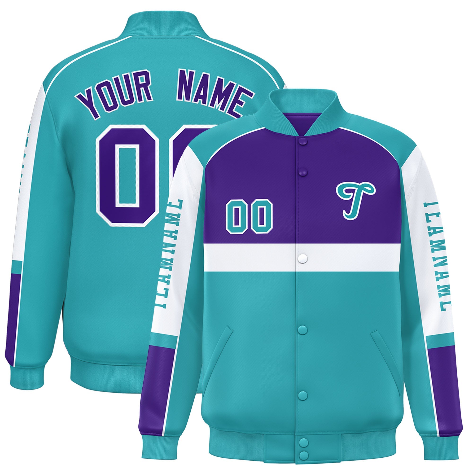 Custom Purple Aqua Varsity Full-Snap Raglan Sleeves Letterman Jacket