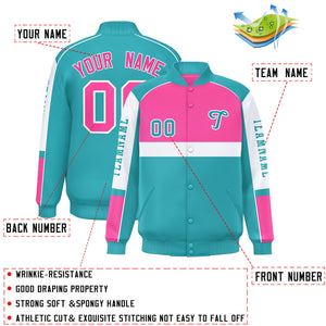 Custom Pink Aqua Varsity Full-Snap Raglan Sleeves Letterman Jacket