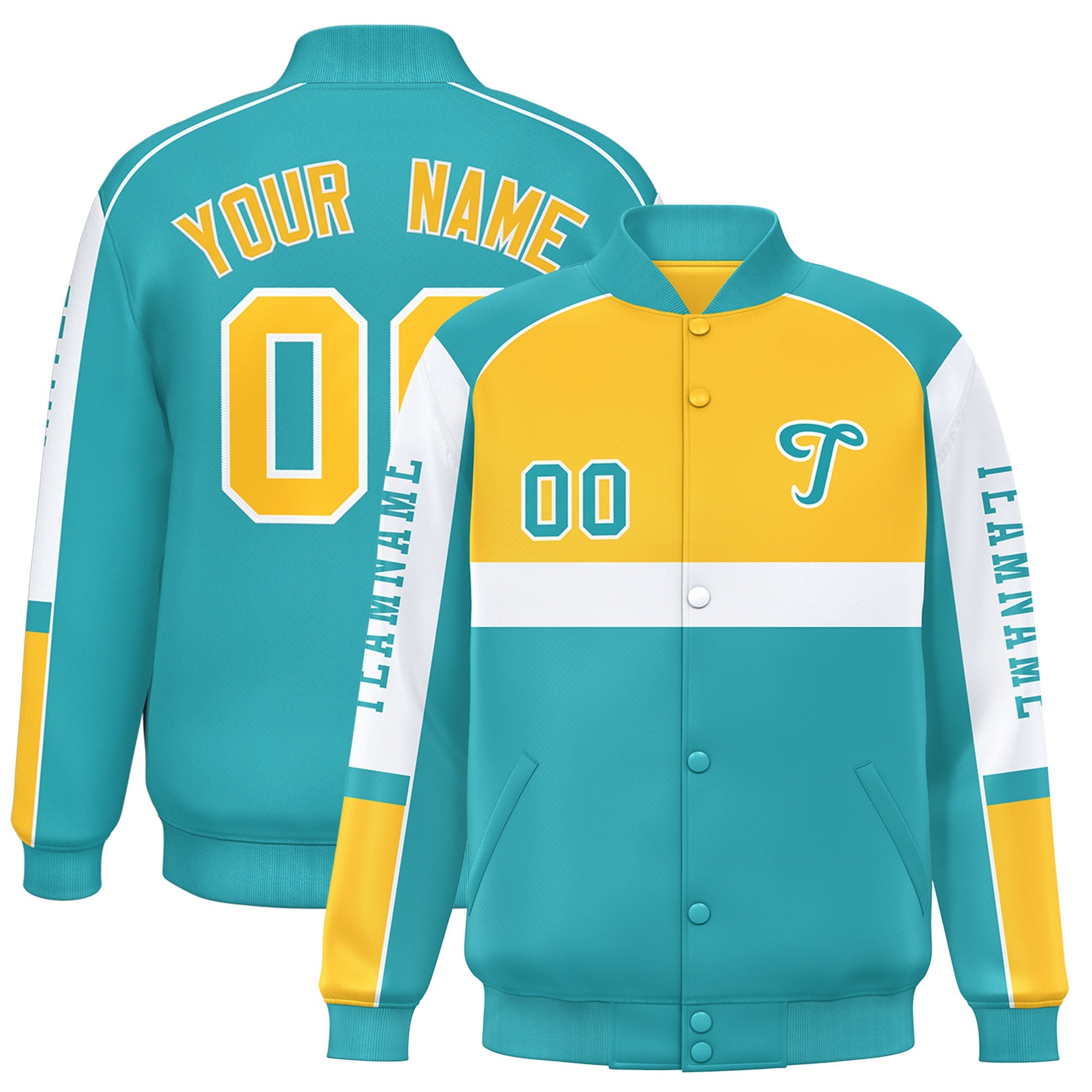 Custom Yellow Aqua Varsity Full-Snap Raglan Sleeves Letterman Jacket