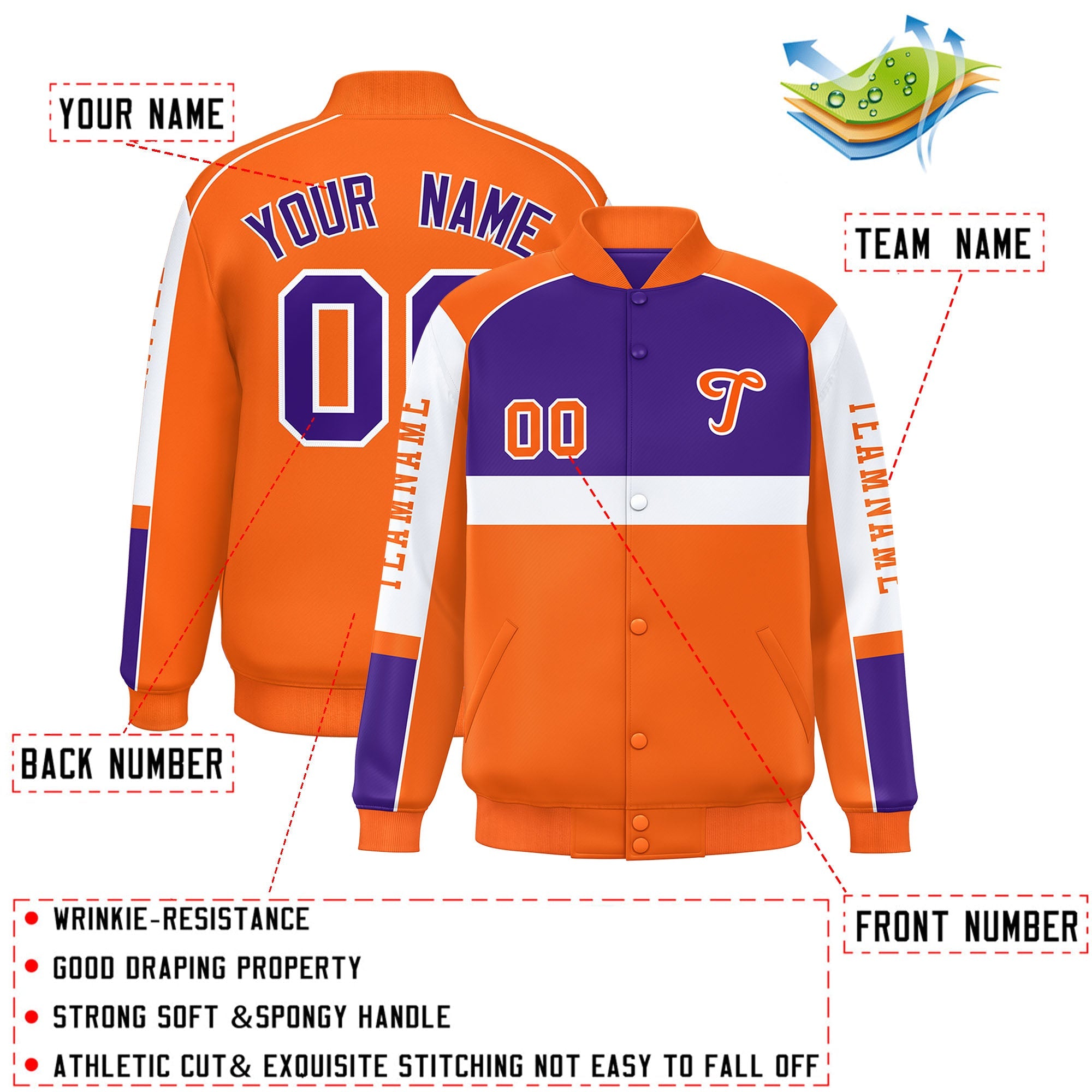 Custom Purple Orange Varsity Full-Snap Raglan Sleeves Letterman Jacket