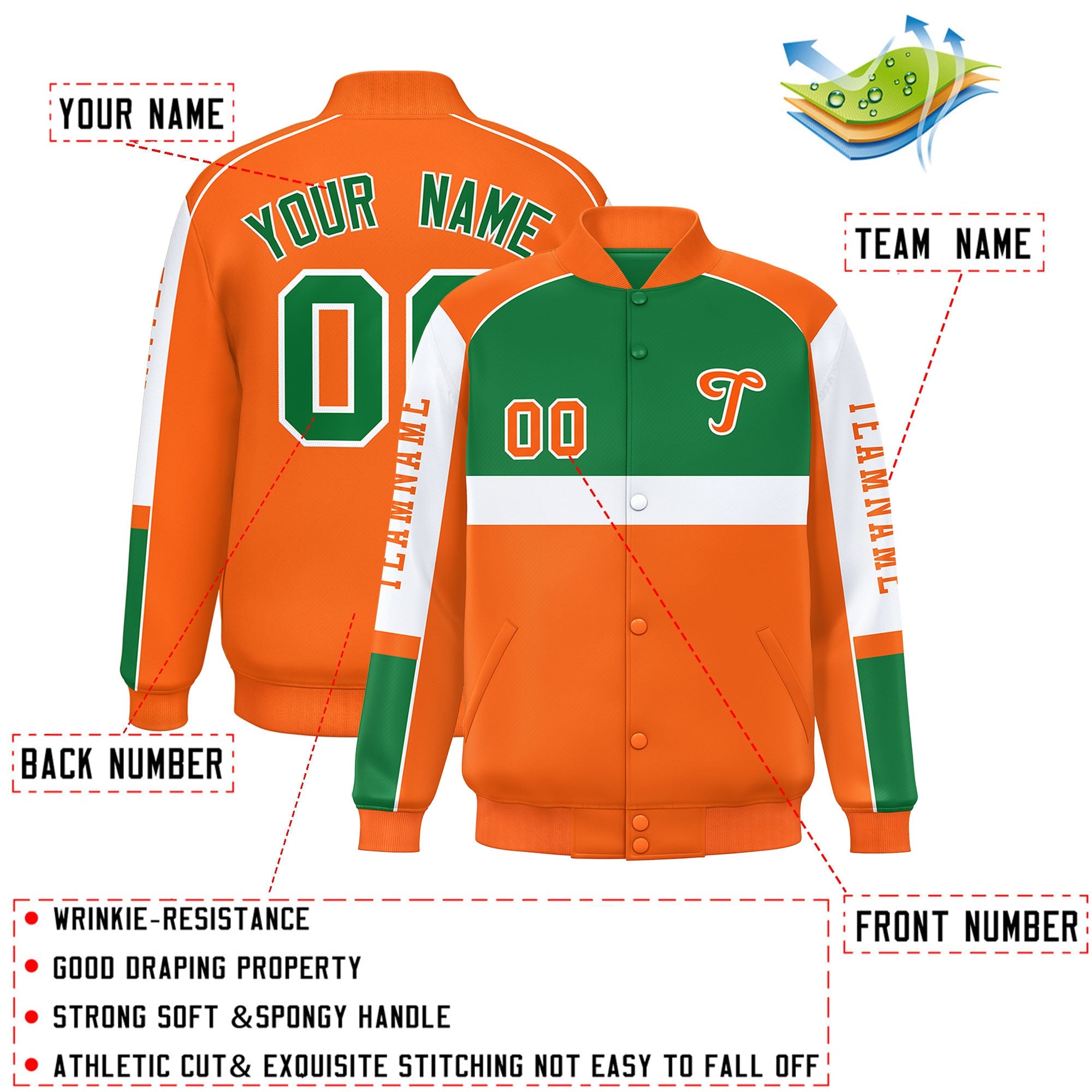 Custom Kelly Green Orange Varsity Full-Snap Raglan Sleeves Letterman Jacket