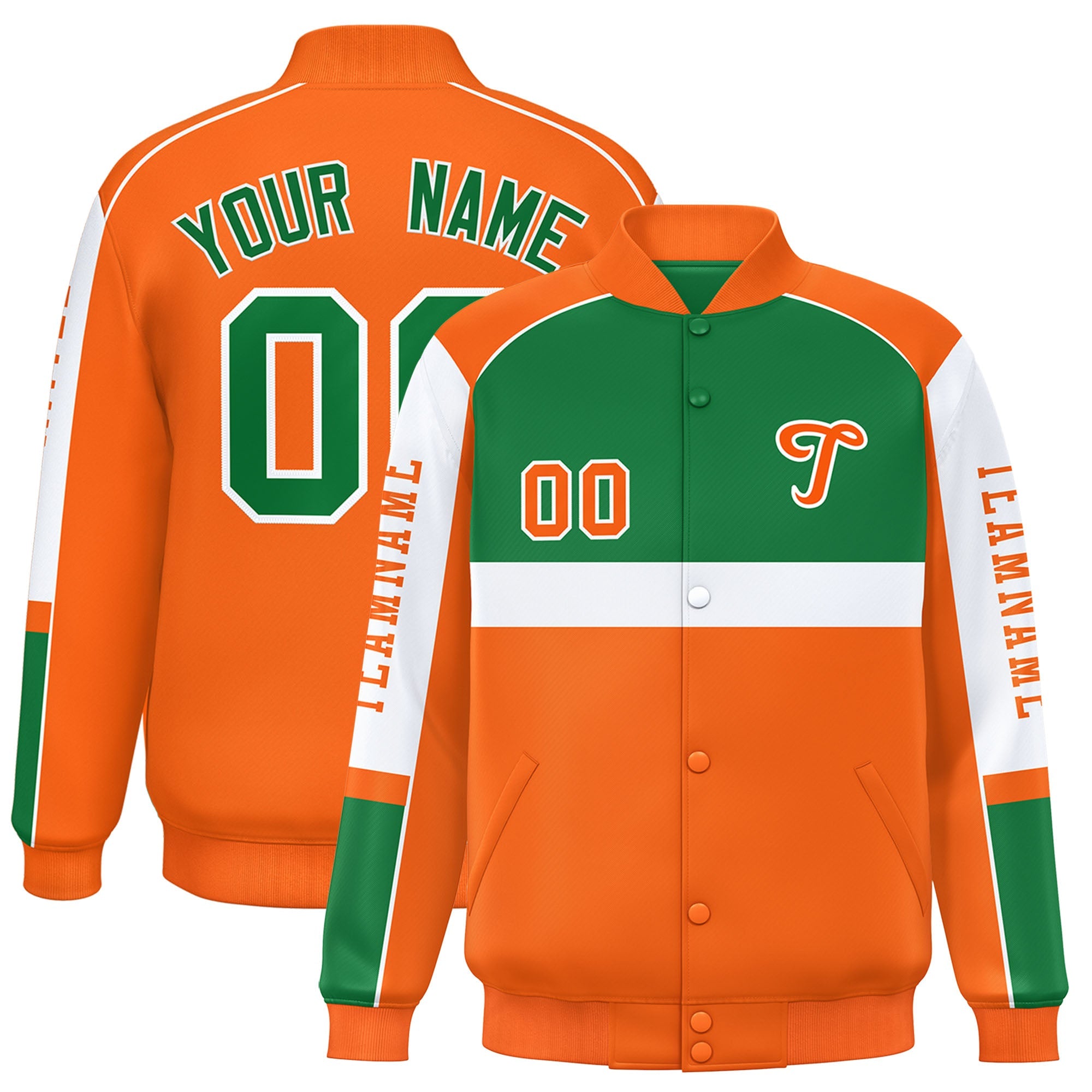 Custom Kelly Green Orange Varsity Full-Snap Raglan Sleeves Letterman Jacket