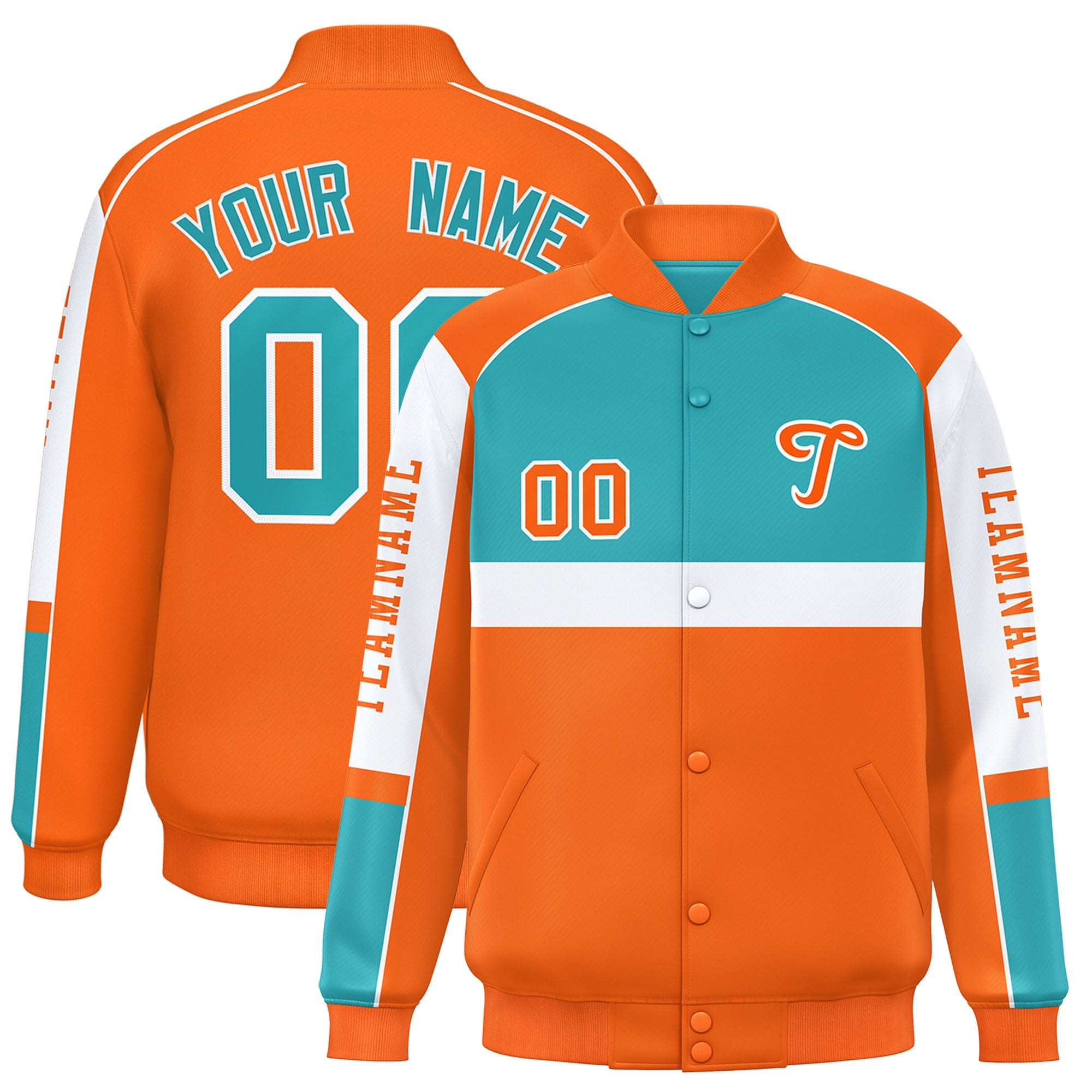 Custom Aqua Orange Varsity Full-Snap Raglan Sleeves Letterman Jacket