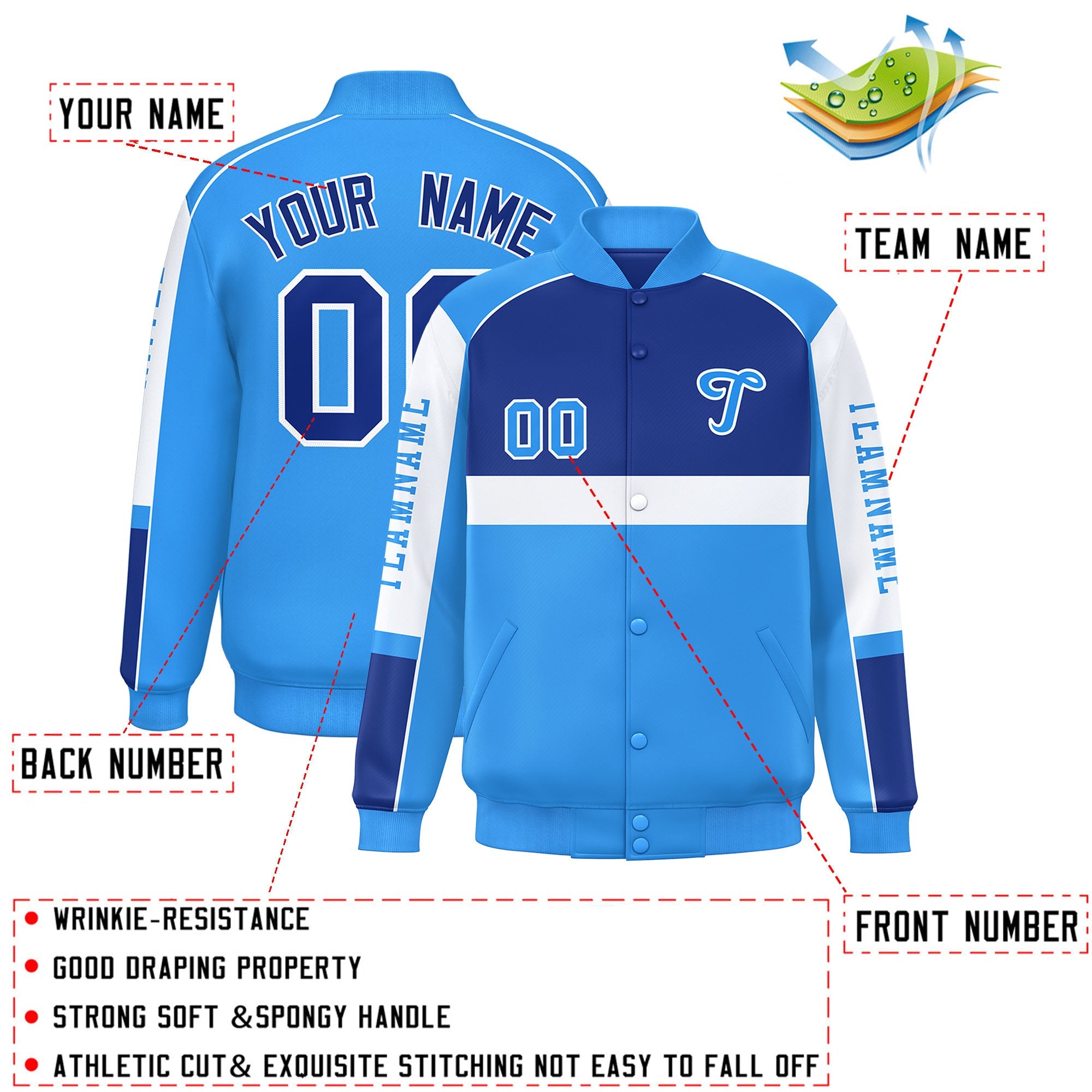 Custom Royal Powder Blue Varsity Full-Snap Raglan Sleeves Letterman Jacket