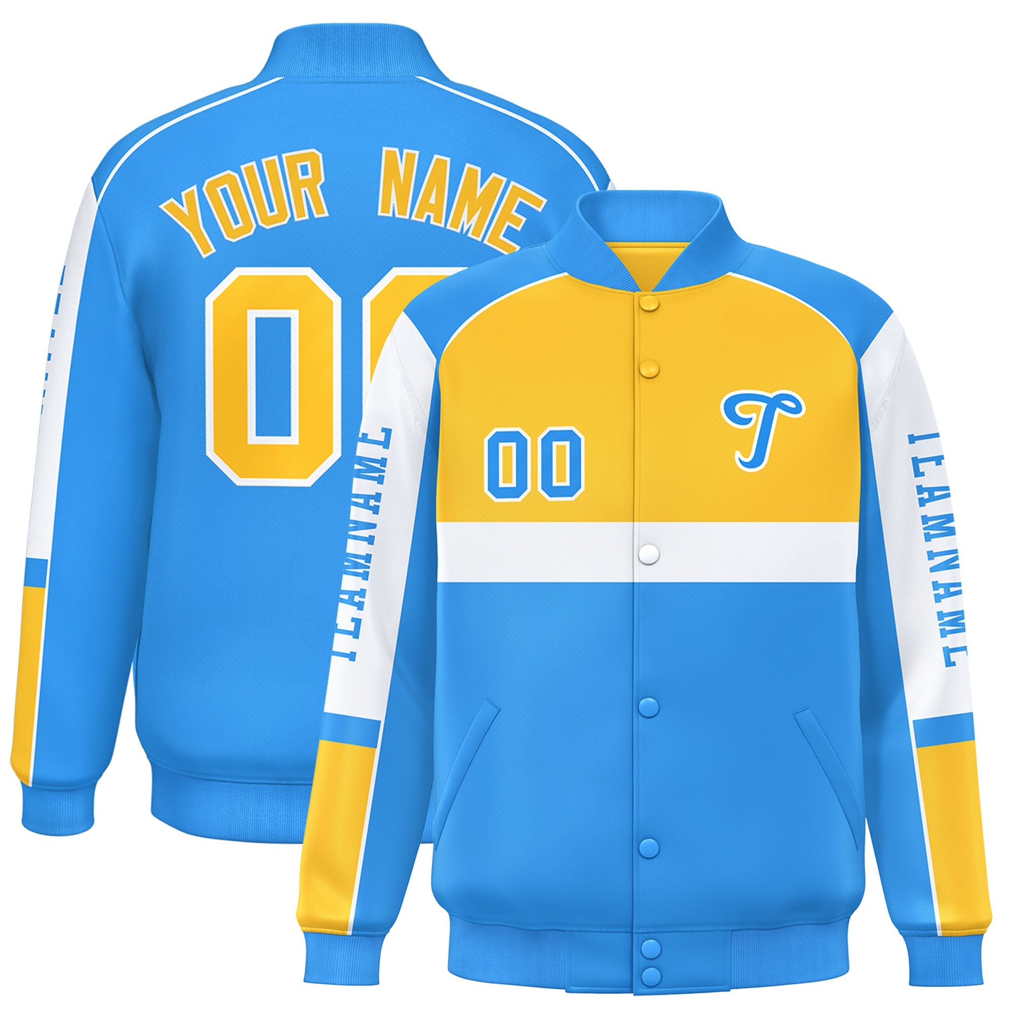 Custom Yellow Powder Blue Varsity Full-Snap Raglan Sleeves Letterman Jacket