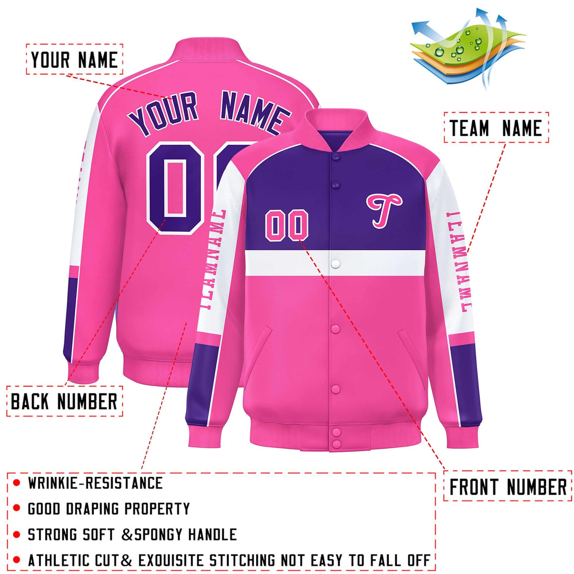 Custom Purple Pink Varsity Full-Snap Raglan Sleeves Letterman Jacket