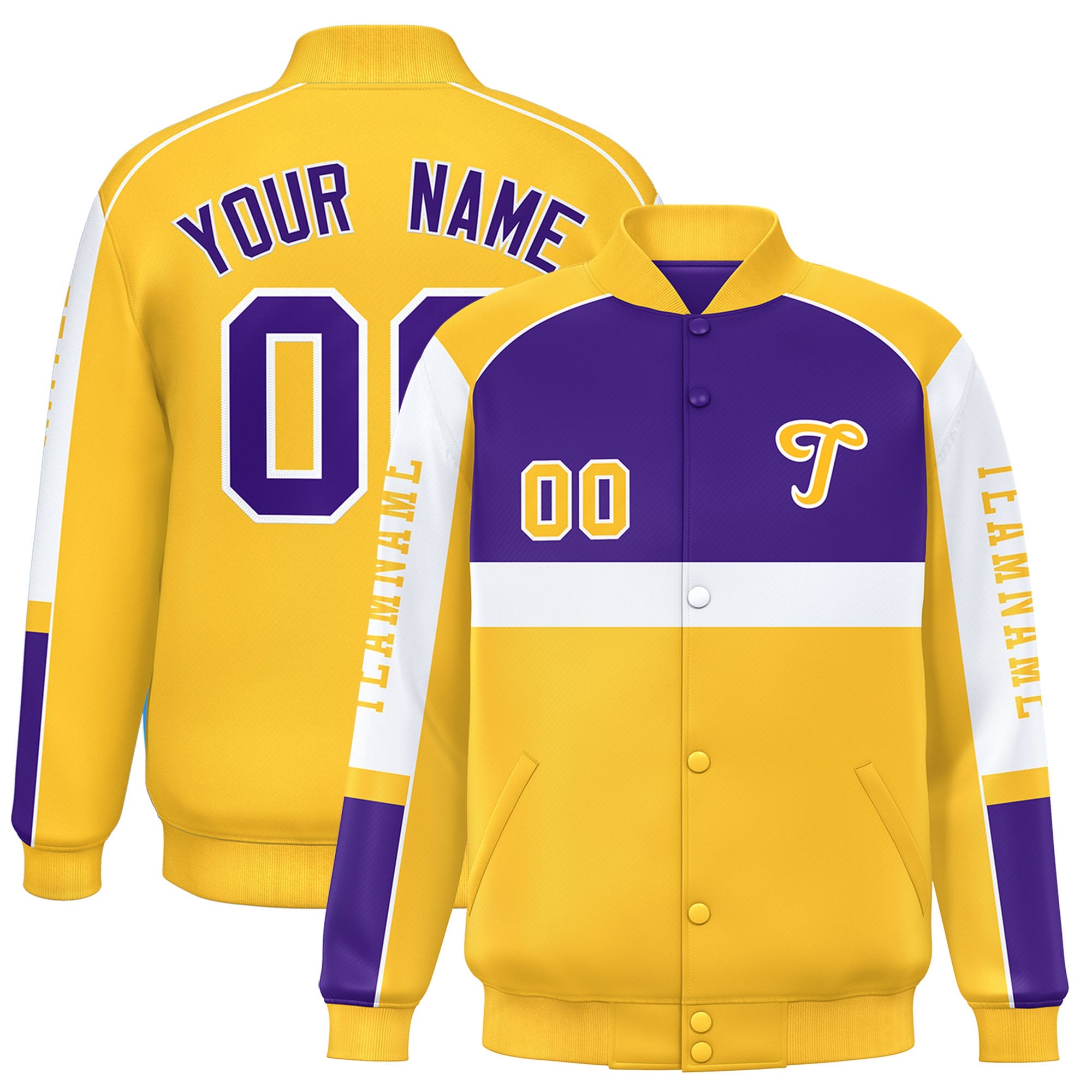 Custom Purple Yellow Varsity Full-Snap Raglan Sleeves Letterman Jacket