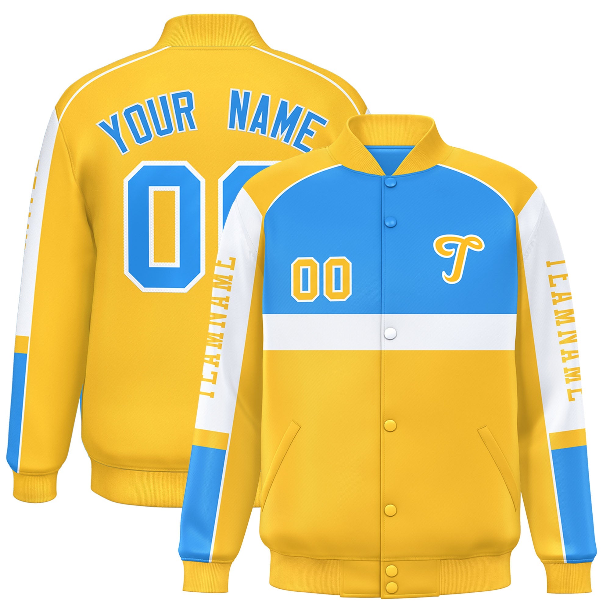 Custom Powder Blue Yellow Varsity Full-Snap Raglan Sleeves Letterman Jacket