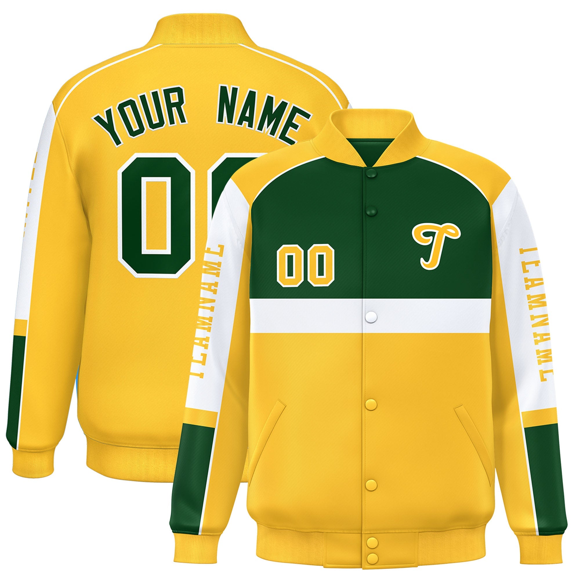 Custom Green Yellow Varsity Full-Snap Raglan Sleeves Letterman Jacket