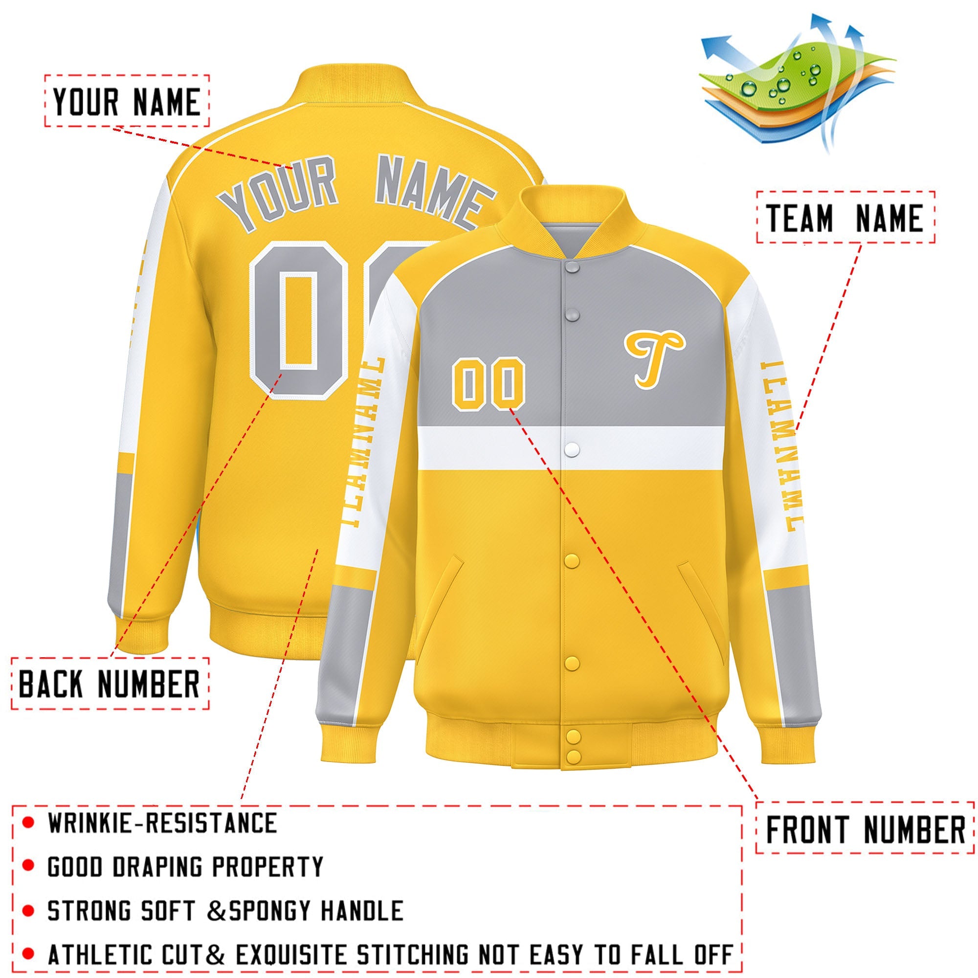 Custom Gray Yellow Varsity Full-Snap Raglan Sleeves Letterman Jacket