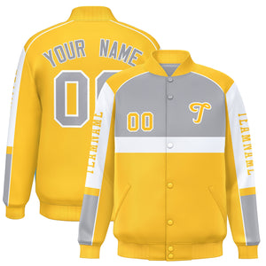 Custom Gray Yellow Varsity Full-Snap Raglan Sleeves Letterman Jacket