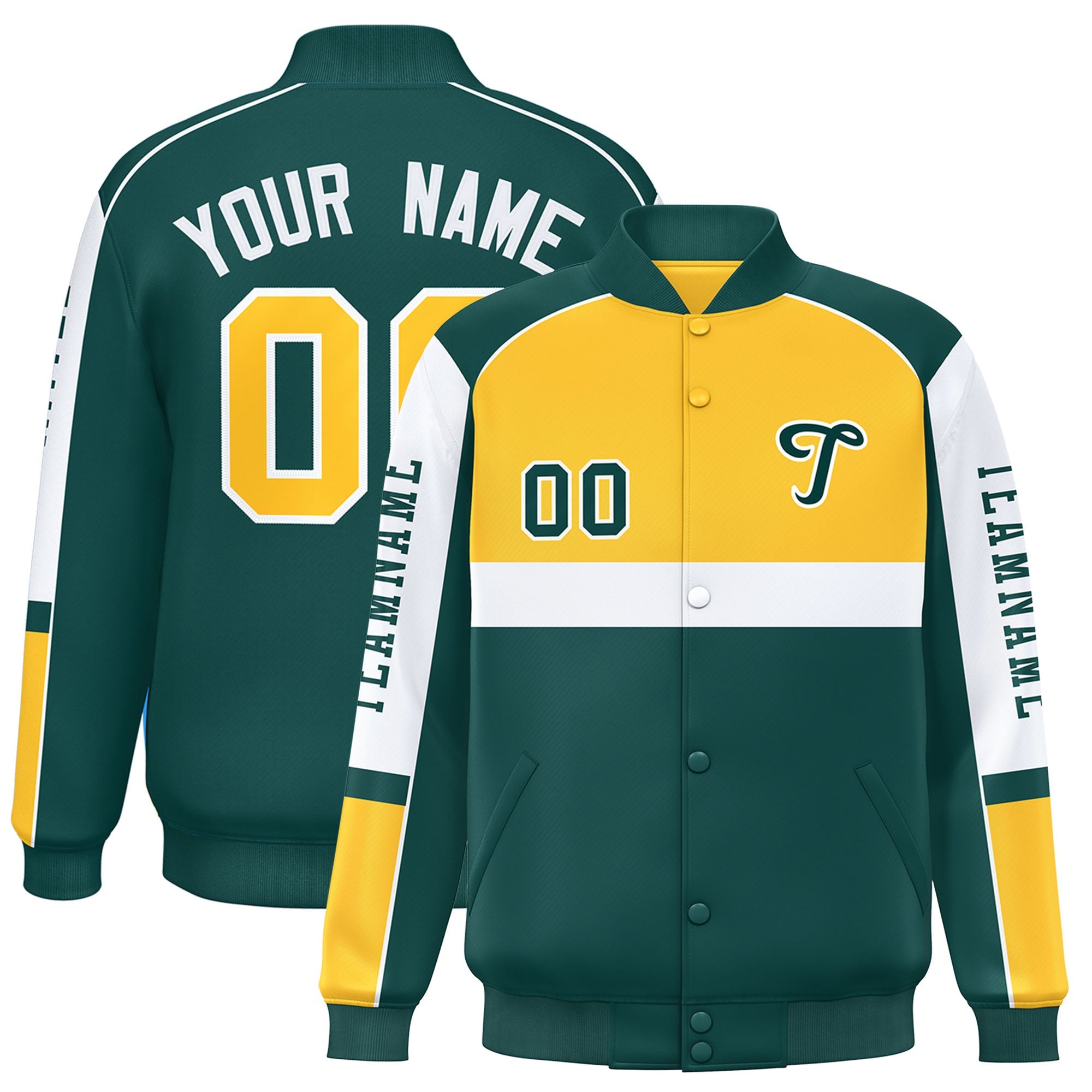 Custom Yellow Midnight Green Varsity Full-Snap Raglan Sleeves Letterman Jacket