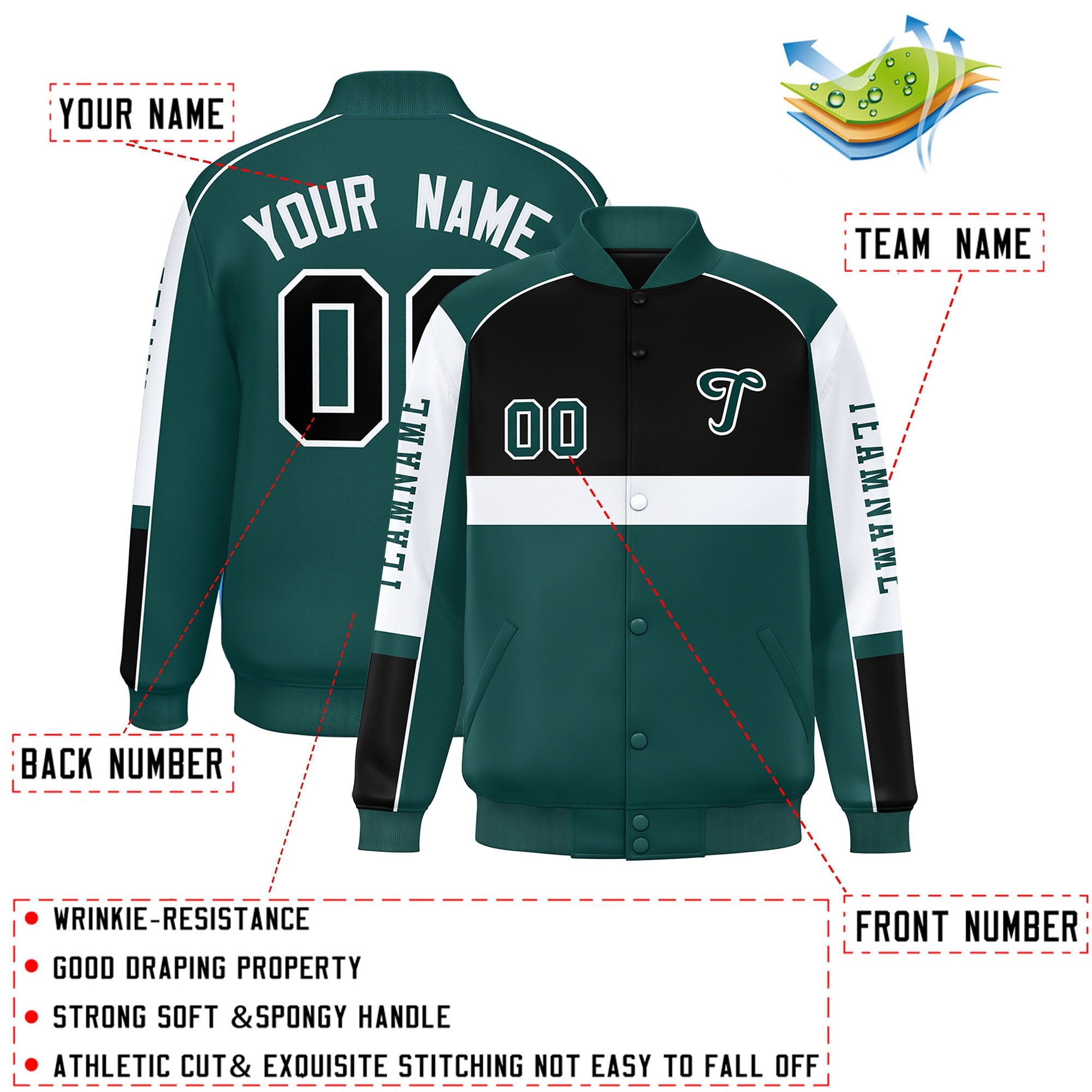 Custom Black Midnight Green Varsity Full-Snap Raglan Sleeves Letterman Jacket