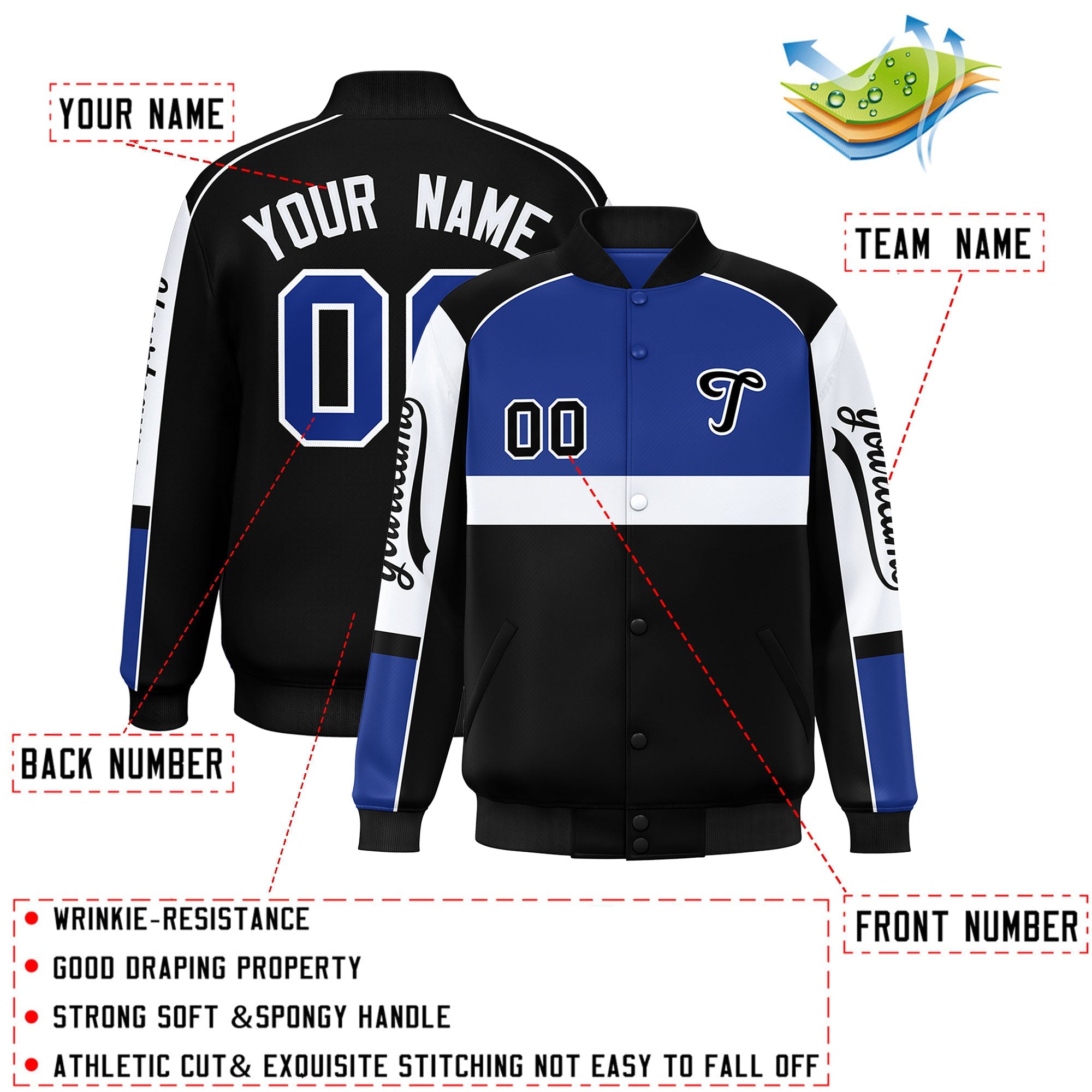 Custom Royal Black Varsity Full-Snap Raglan Sleeves Letterman Jacket