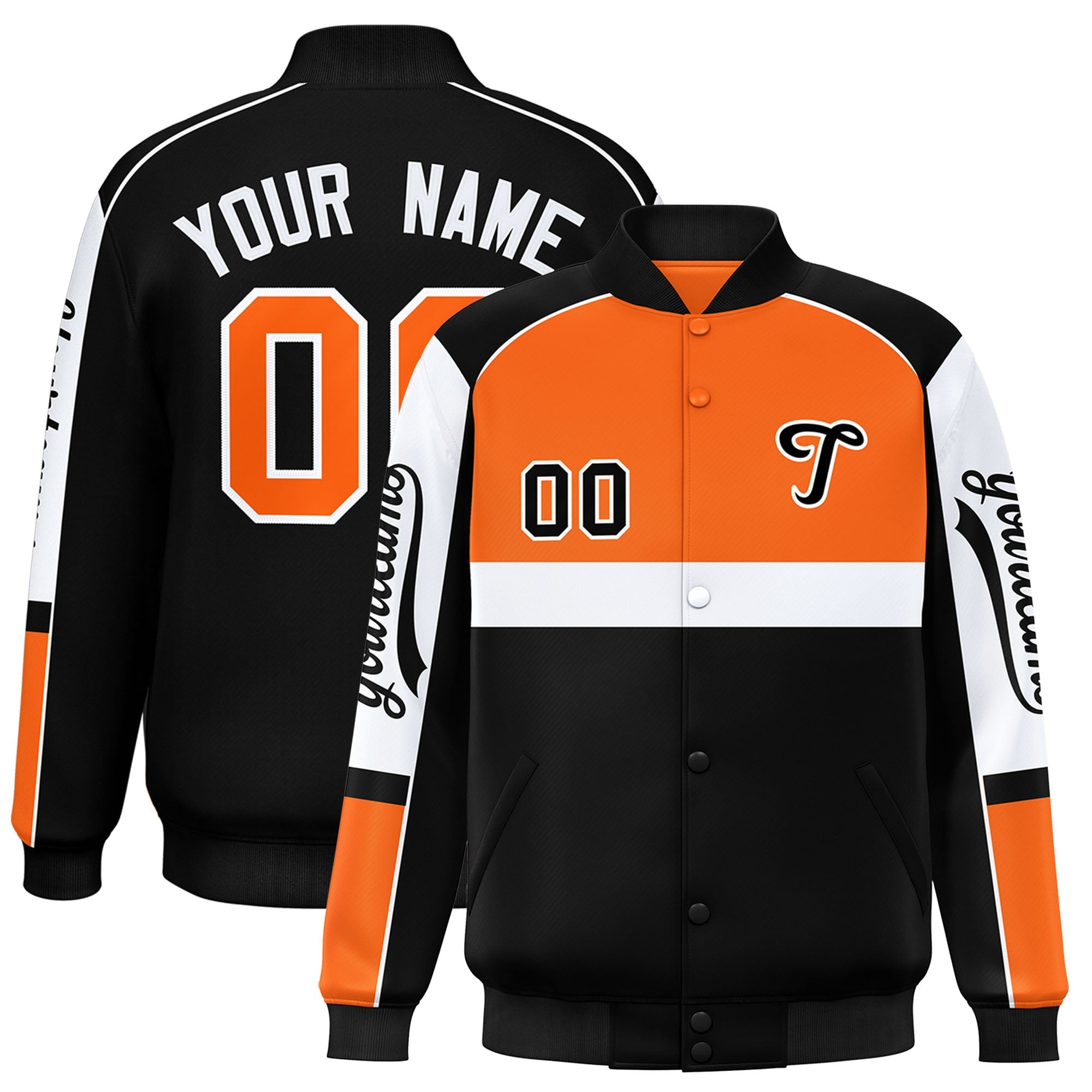 Custom Orange Black Varsity Full-Snap Raglan Sleeves Letterman Jacket