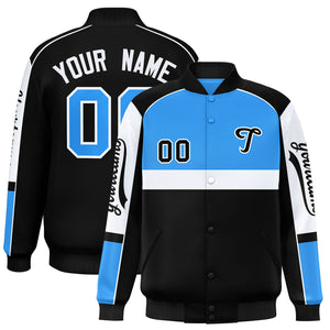 Custom Powder Blue Black Varsity Full-Snap Raglan Sleeves Letterman Jacket