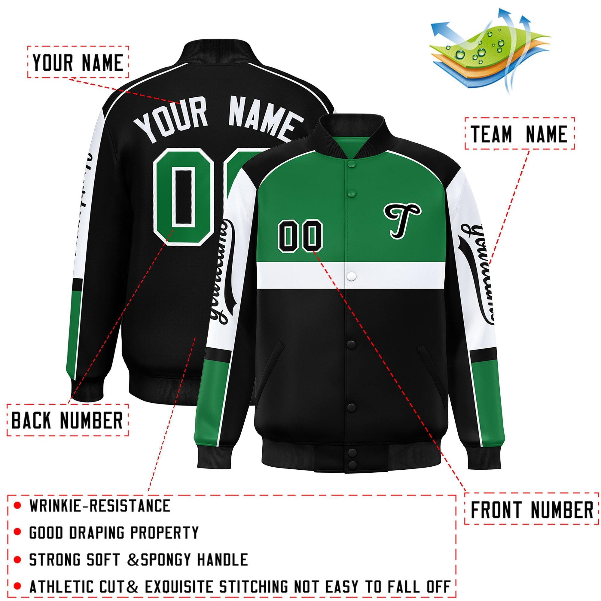 Custom Kelly Green Black Varsity Full-Snap Raglan Sleeves Letterman Jacket