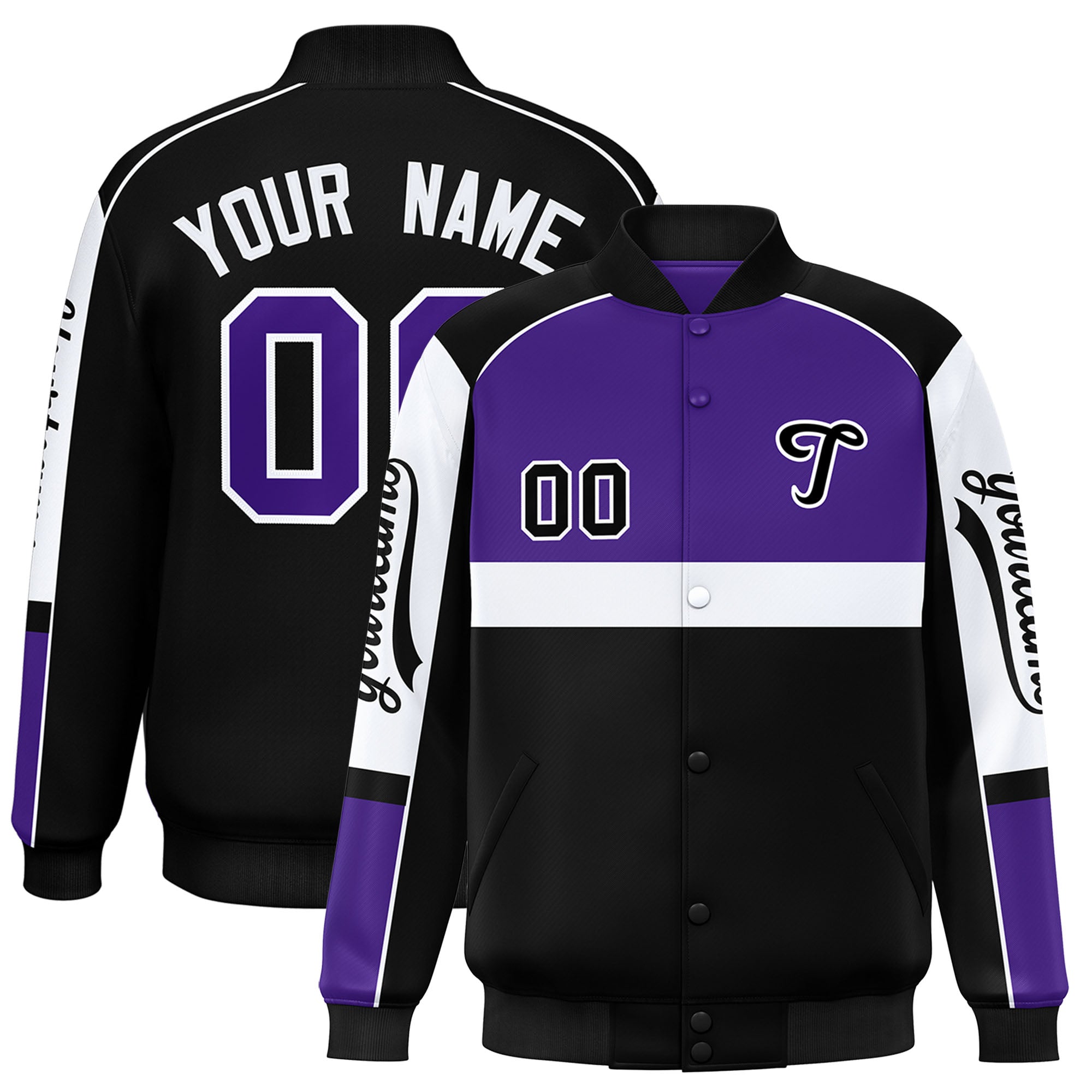 Custom Purple Black Varsity Full-Snap Raglan Sleeves Letterman Jacket