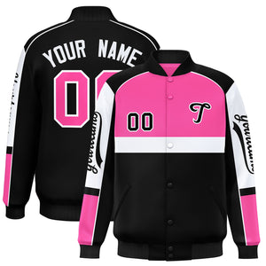 Custom Pink Black Varsity Full-Snap Raglan Sleeves Letterman Jacket