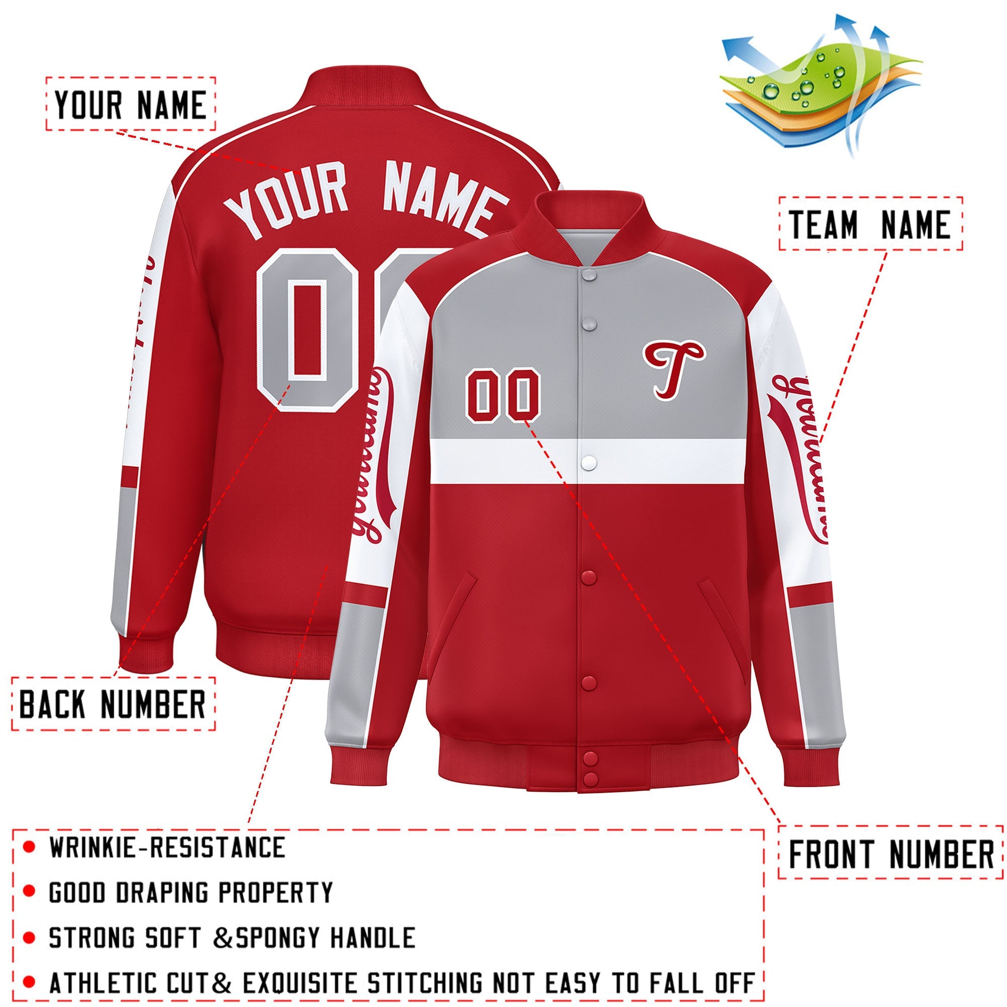 Custom Gray Red Varsity Full-Snap Raglan Sleeves Letterman Jacket