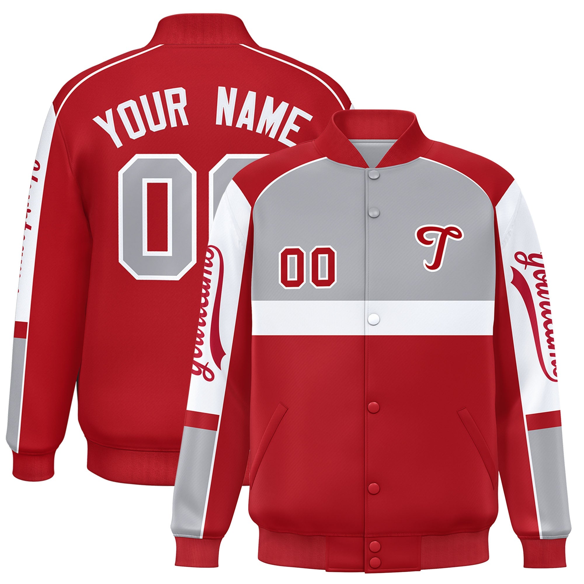 Custom Gray Red Varsity Full-Snap Raglan Sleeves Letterman Jacket