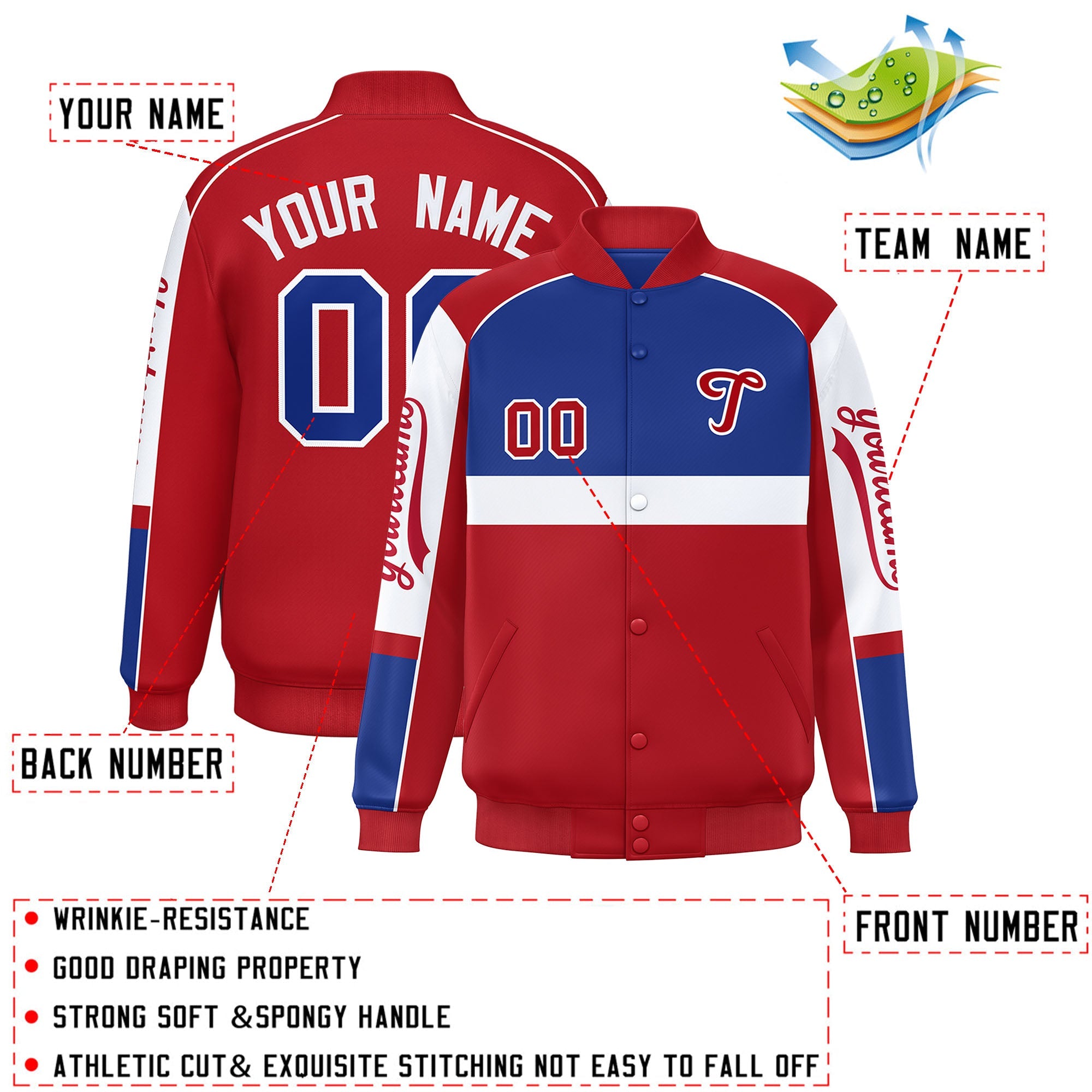 Custom Royal Red Varsity Full-Snap Raglan Sleeves Letterman Jacket