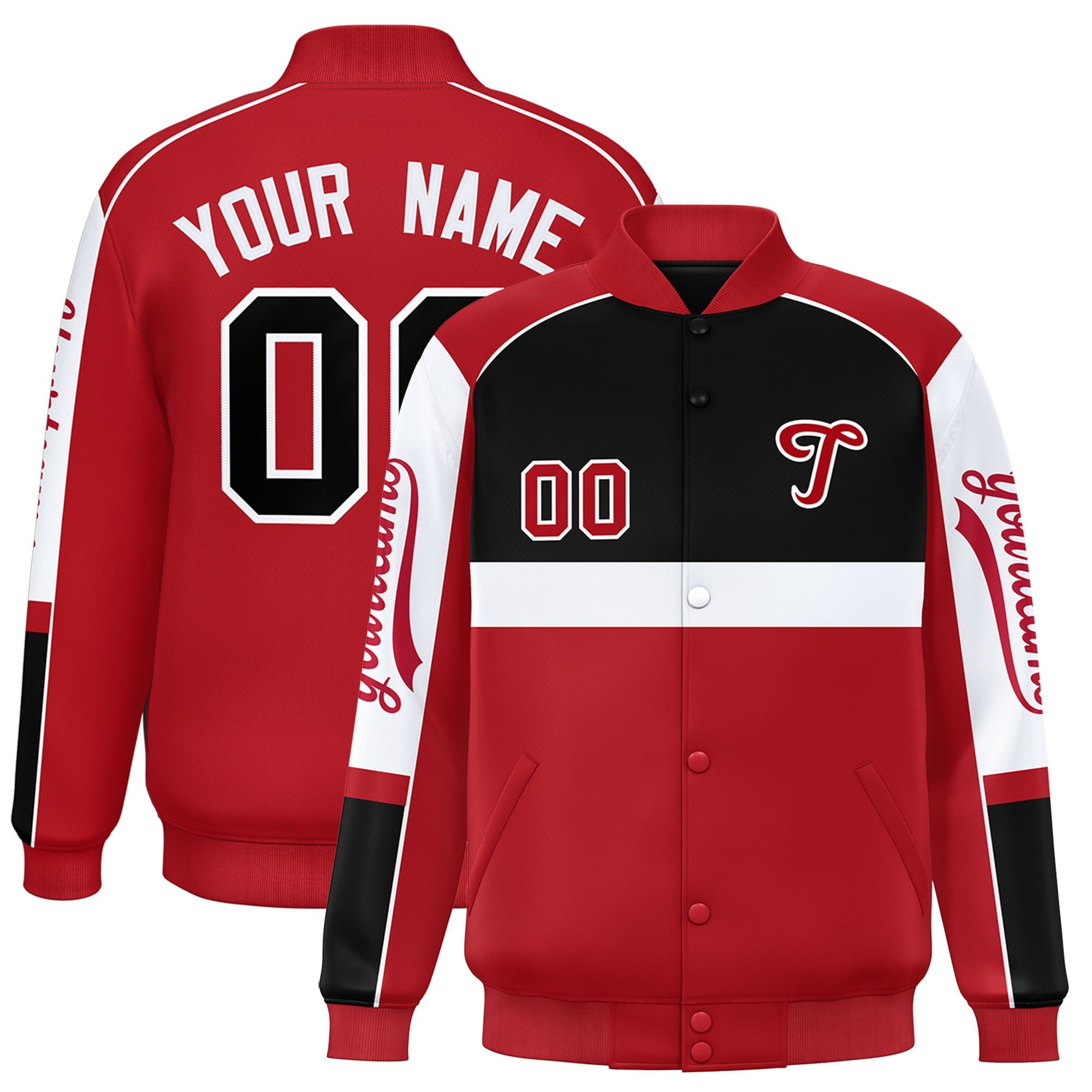 Custom Black Red Varsity Full-Snap Raglan Sleeves Letterman Jacket