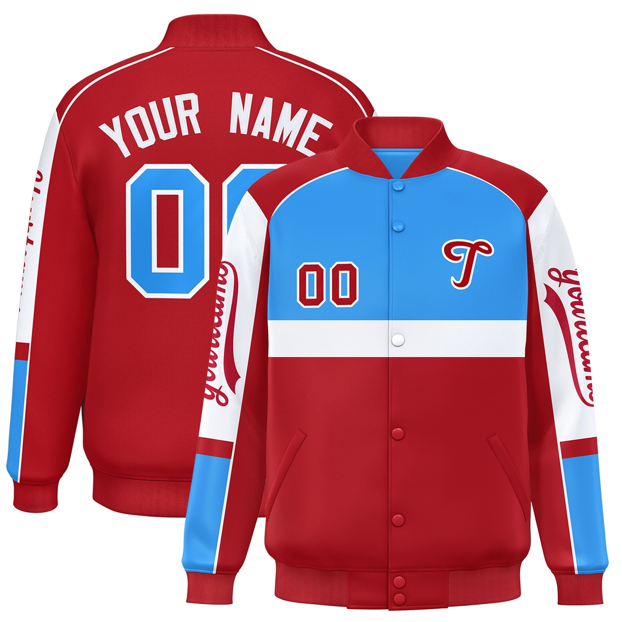 Custom Powder Blue Red Varsity Full-Snap Raglan Sleeves Letterman Jacket