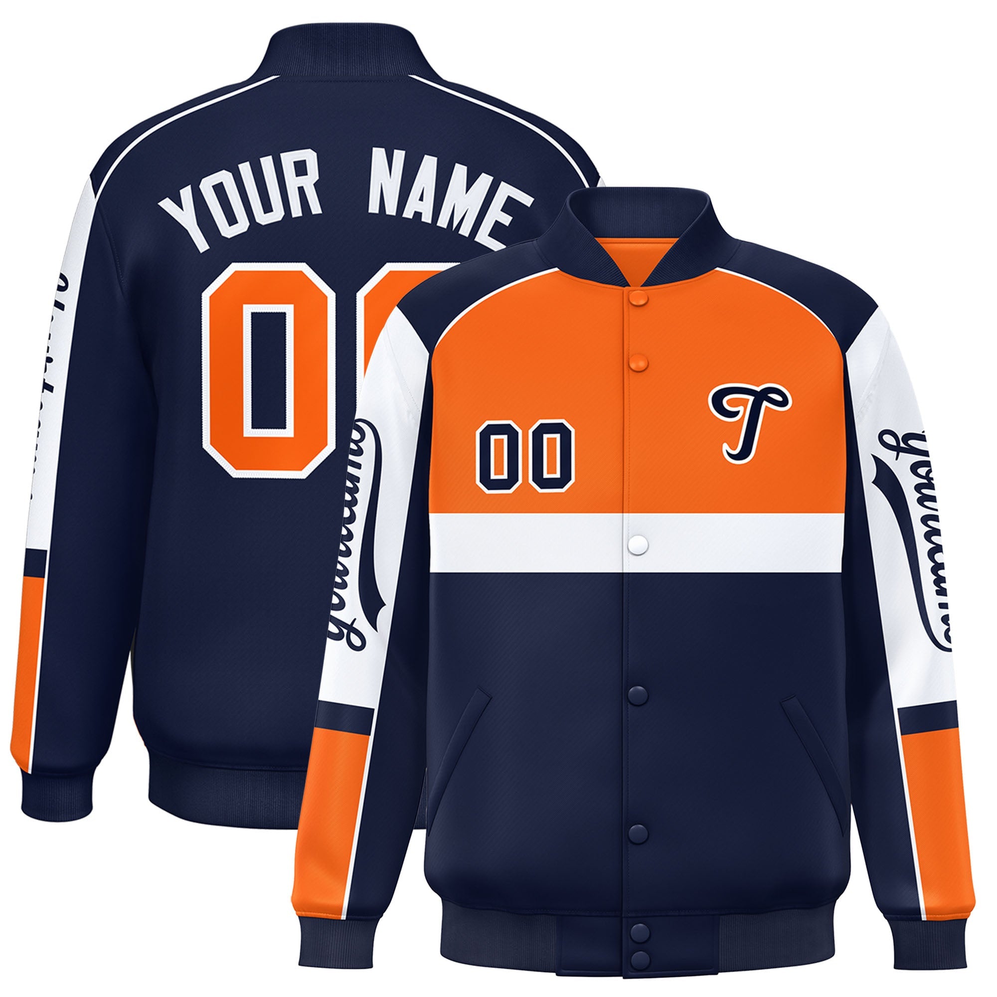 Custom Orange Navy Varsity Full-Snap Raglan Sleeves Letterman Jacket