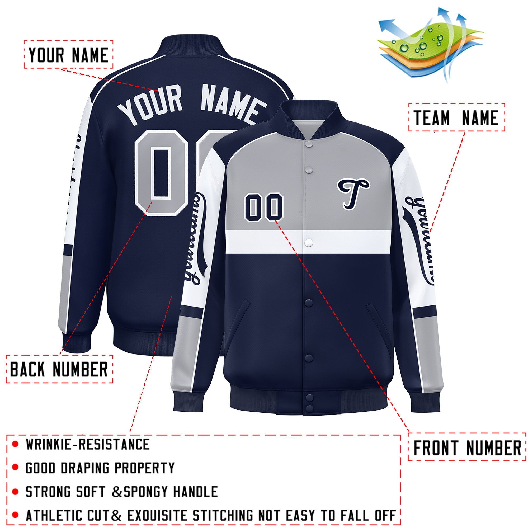 Custom Gray Navy Varsity Full-Snap Raglan Sleeves Letterman Jacket