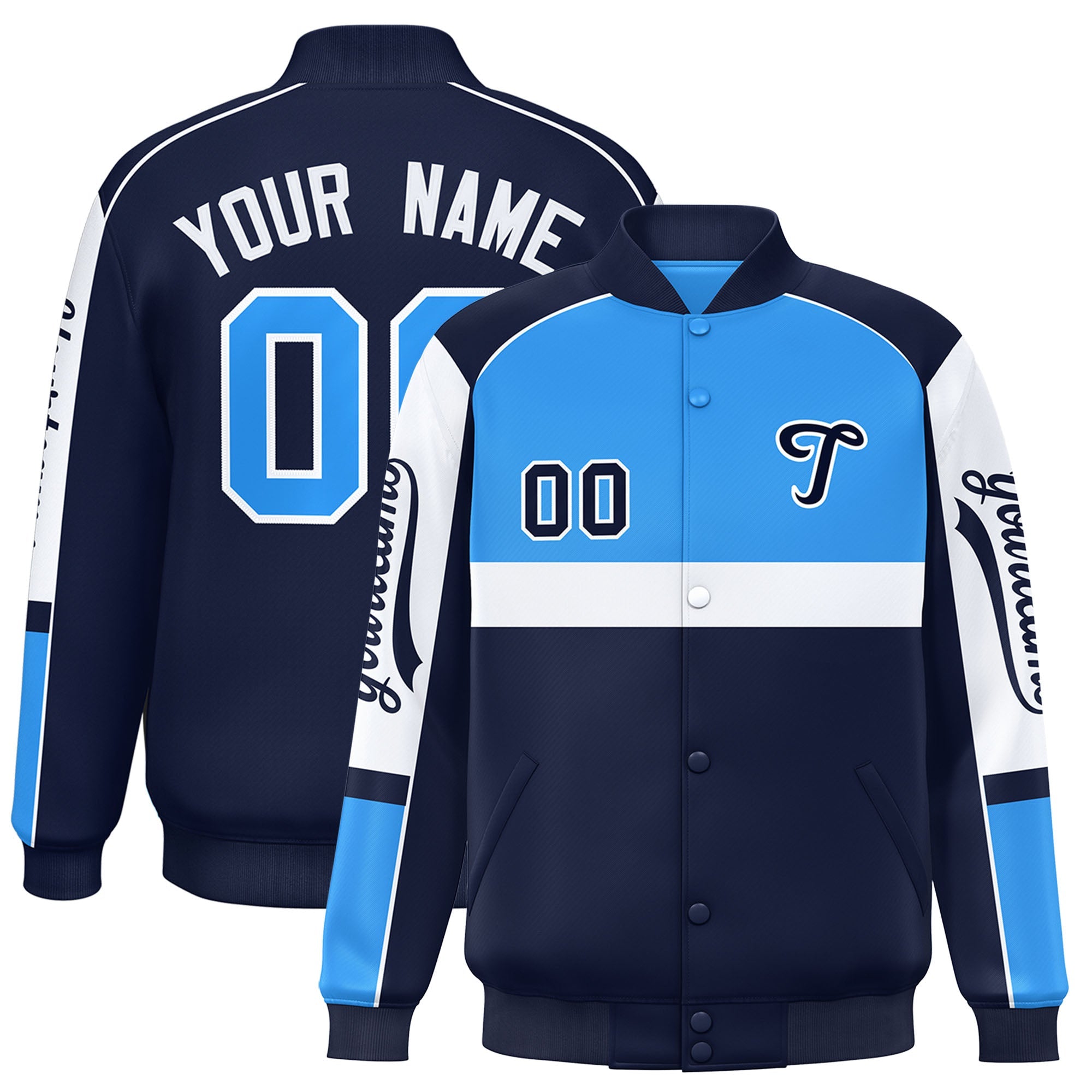 Custom Powder Blue Navy Varsity Full-Snap Raglan Sleeves Letterman Jacket