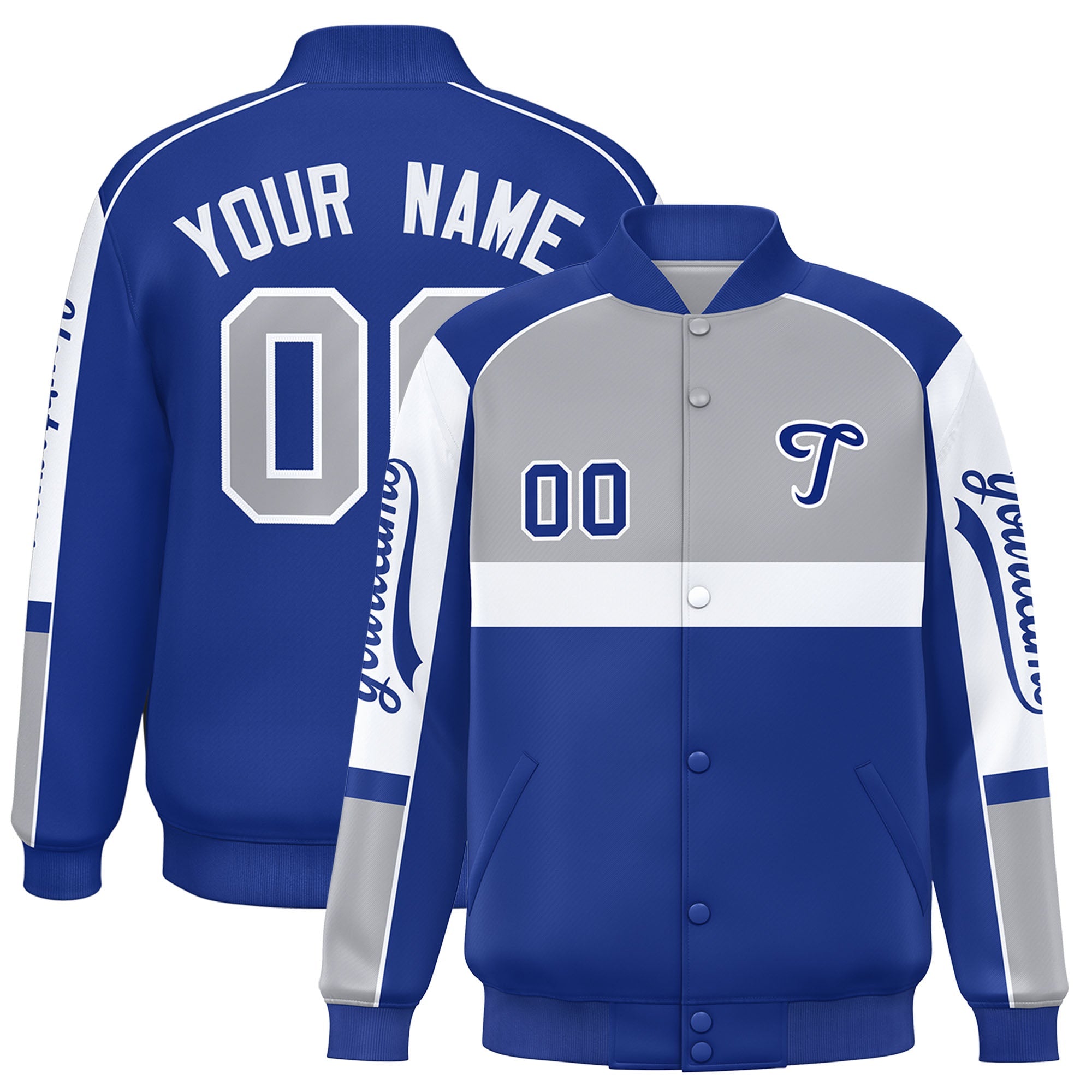 Custom Gray Royal Varsity Full-Snap Raglan Sleeves Letterman Jacket