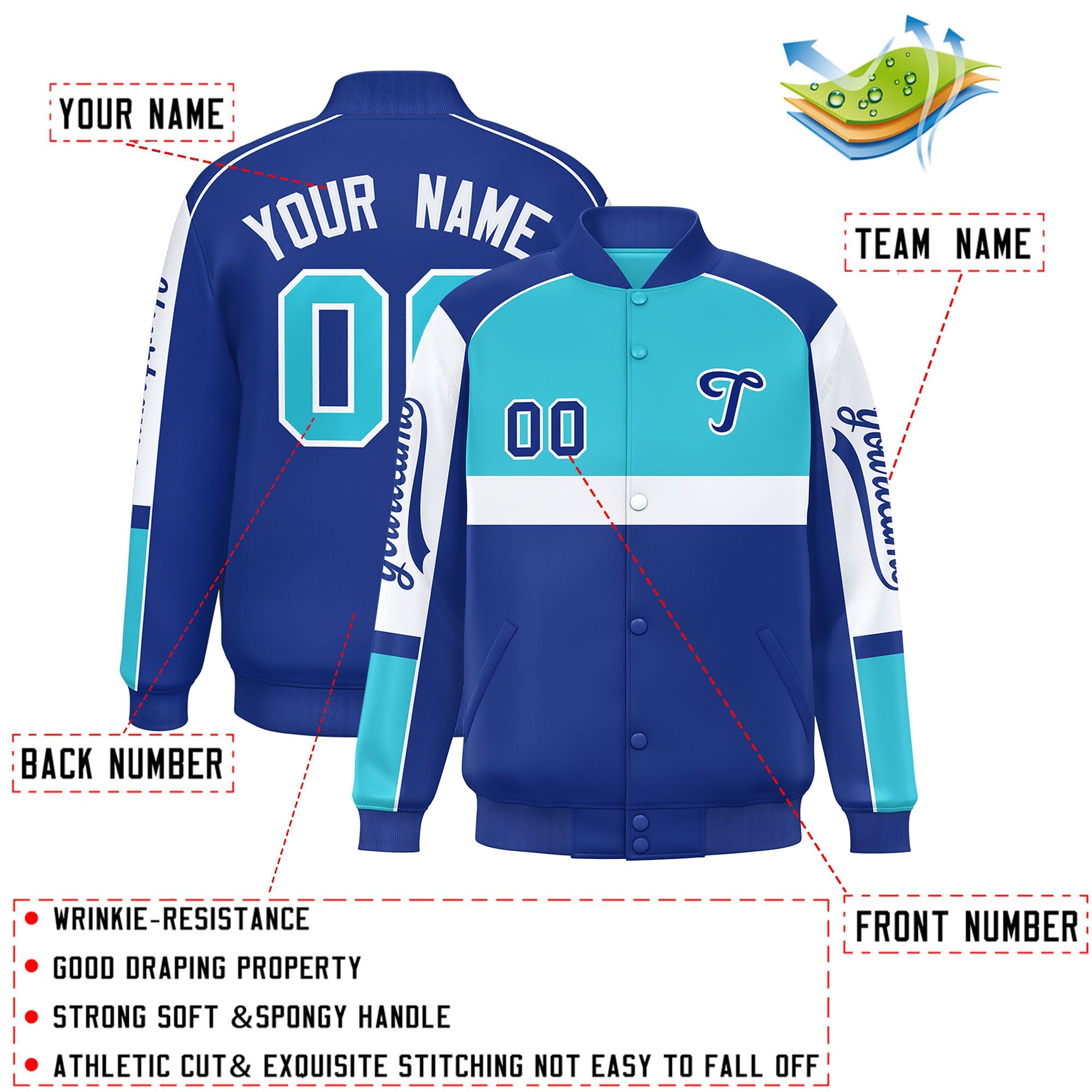 Custom Sky Blue Royal Varsity Full-Snap Raglan Sleeves Letterman Jacket